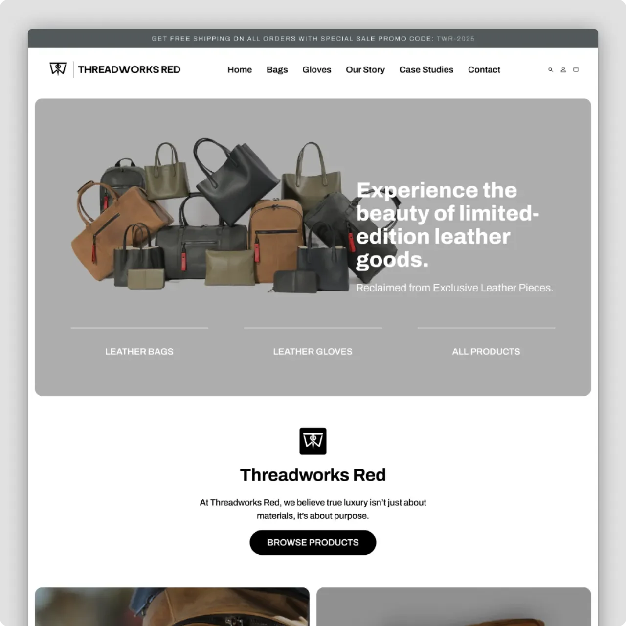 A website homepage for Threadworks Red showcasing various limited-edition leather bags, gloves, and accessories on a gray background with navigation menu and promotional banner.