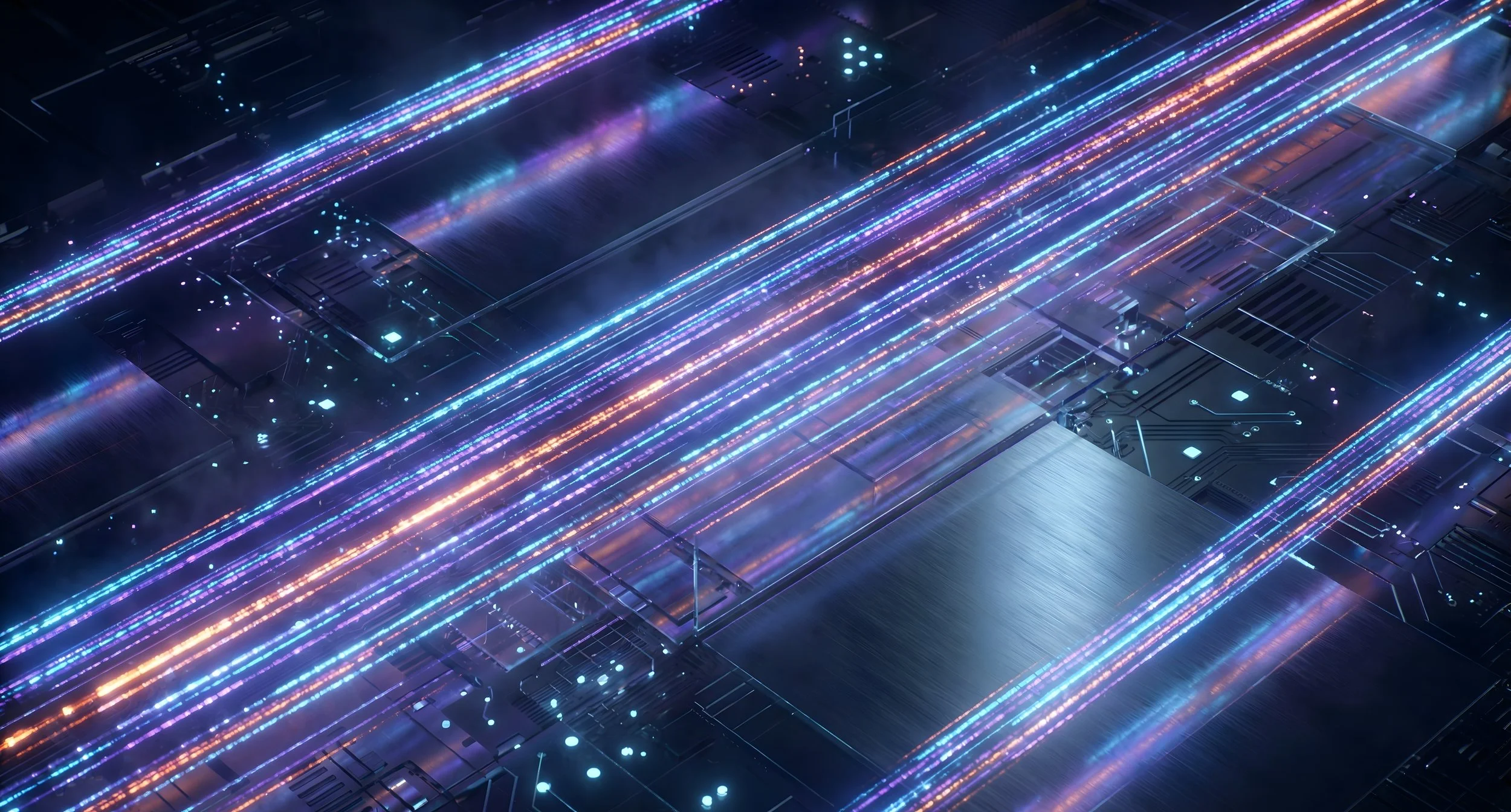 Futuristic digital circuit board with glowing multicolored light streaks.