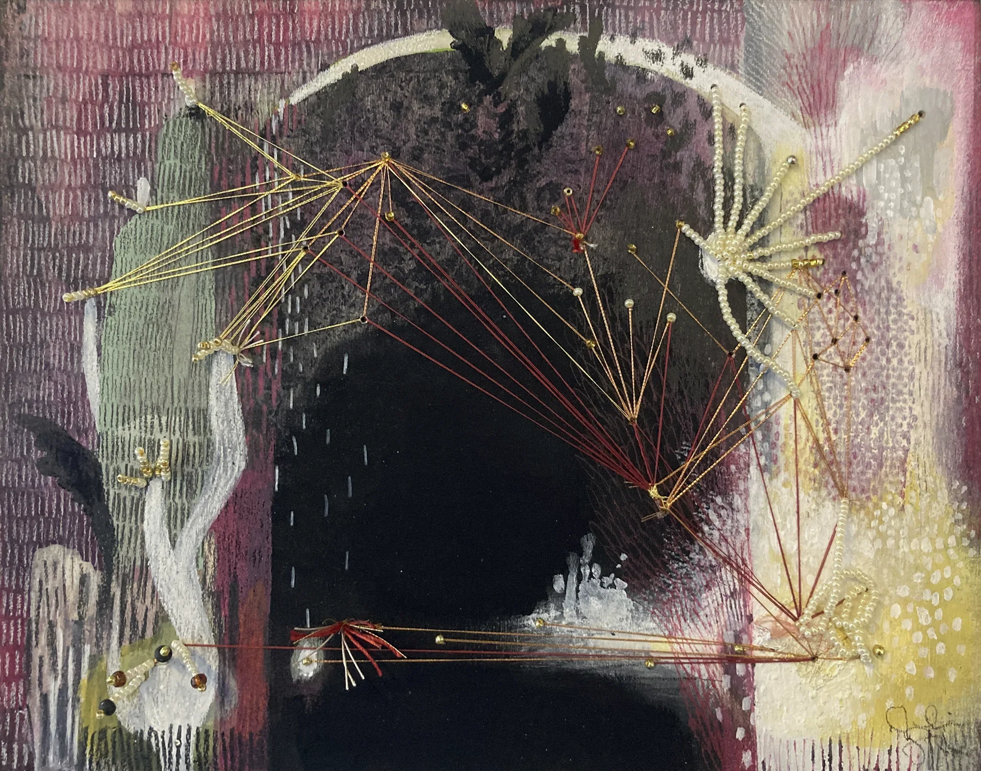 "Plans libres"   -  Médiums mixtes perlage et broderies sur bois   -  8 x 10 pouces 