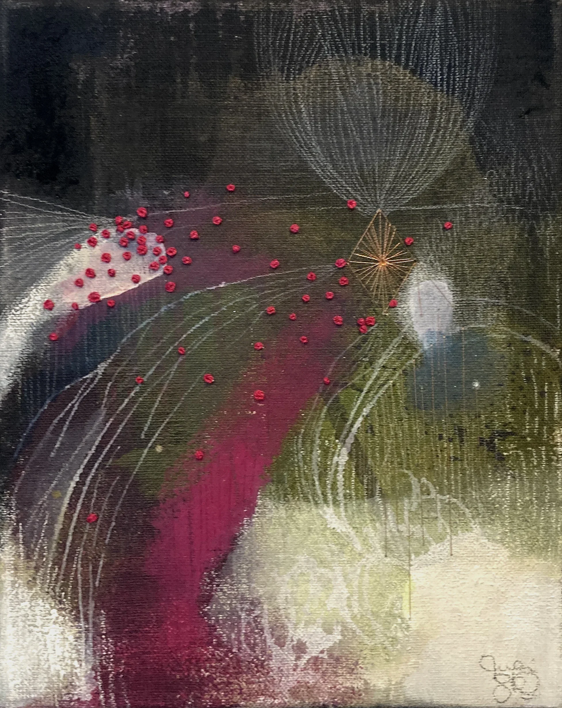 "Escale à Kamouraska 3"   -  Médiums mixtes et broderies sur toile   -  8 x 10 pouces 