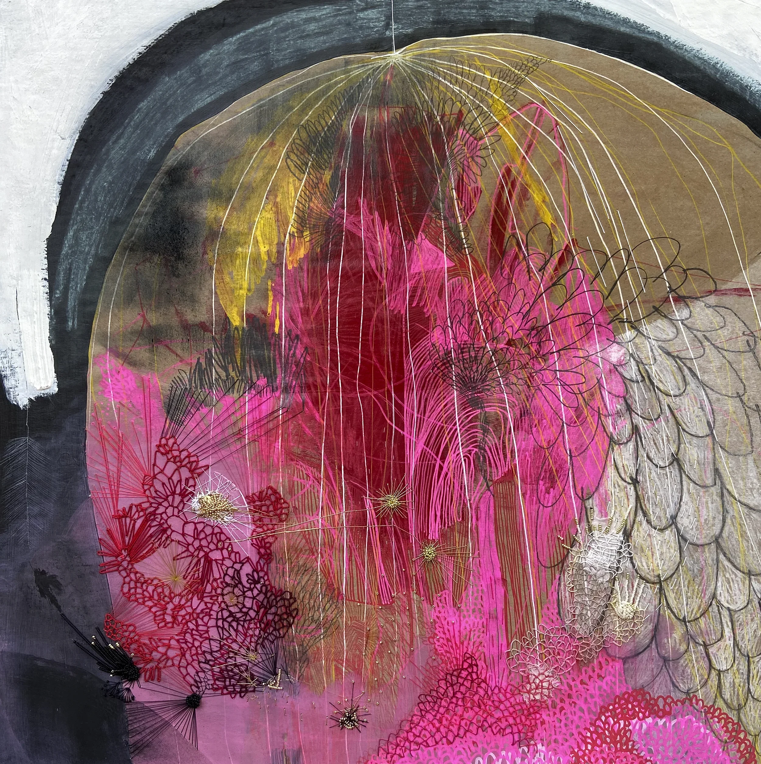 "Bulle d'atelier"   -  Médiums mixtes, broderies et perlage sur papier, marouflé sur bois   -  28 x 29 pouces 