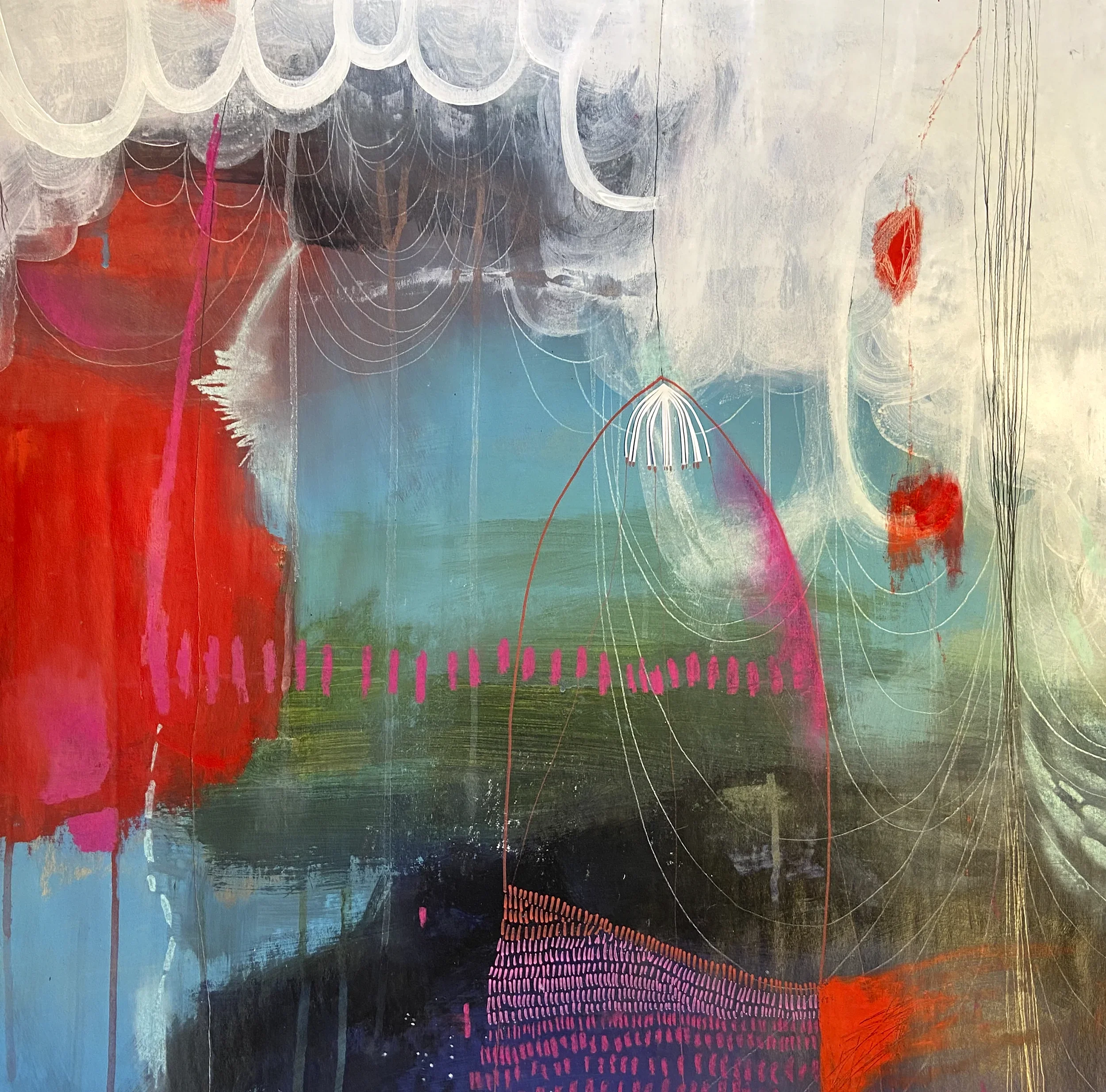 "Forains"   -  Médiums mixtes sur papier, marouflé sur bois   -  27 x 28 pouces 