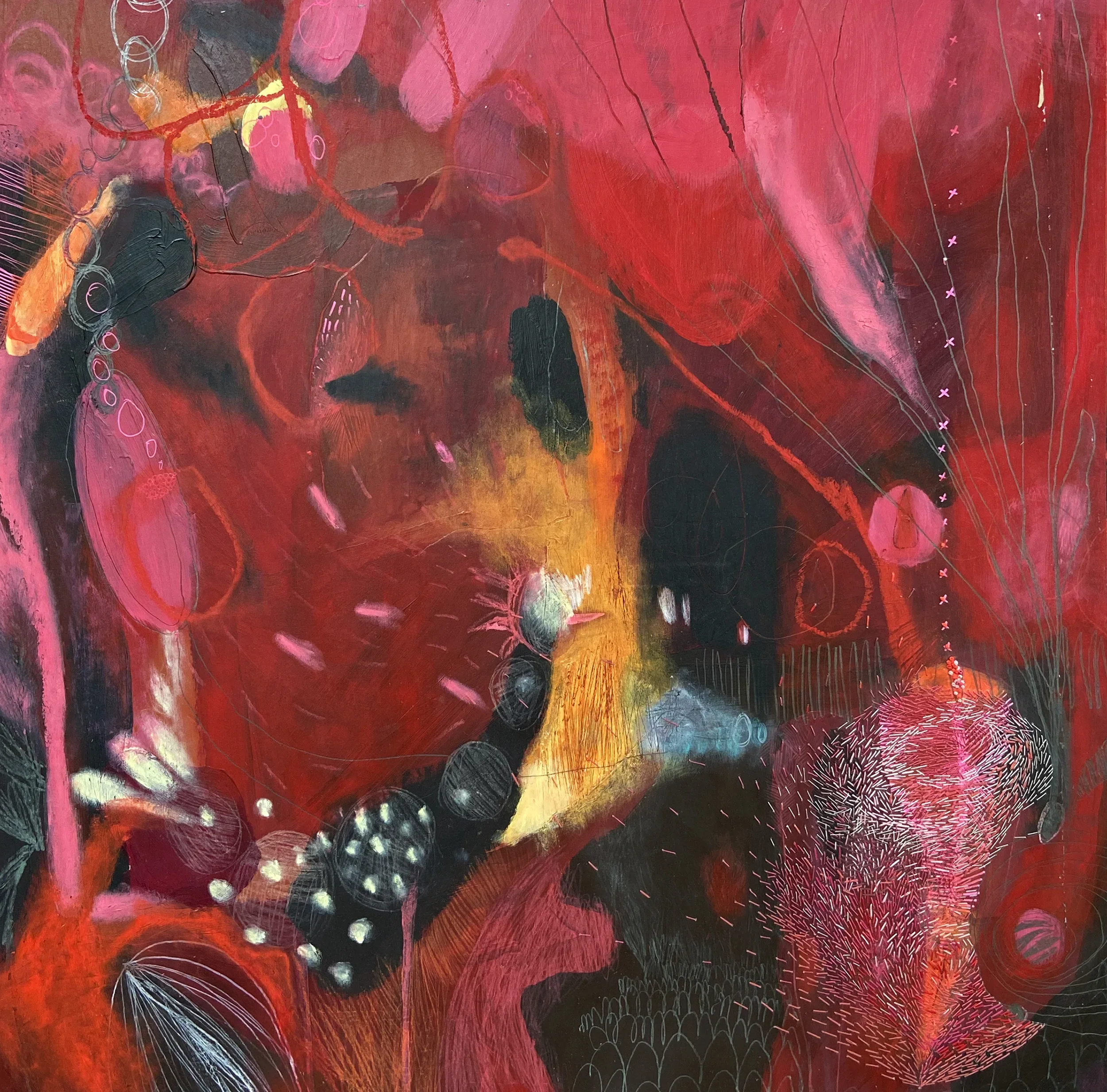 "Broder une tornade"   -  Médiums mixtes et broderies sur papier, marouflé sur bois   -  29 x 29 pouces 