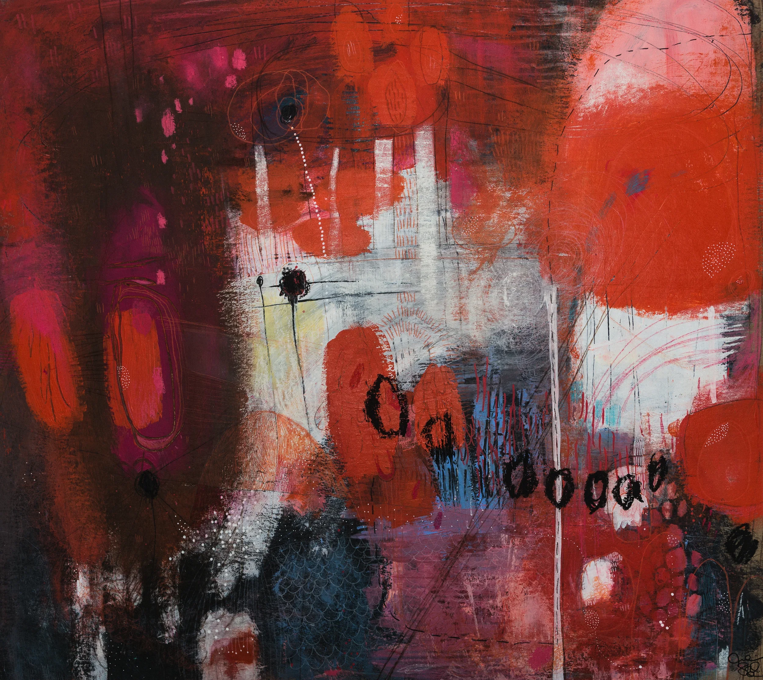 "Montagnes rouges"   -  Médiums mixtes sur papier, marouflé sur bois   -  31 x 27,5 pouces 