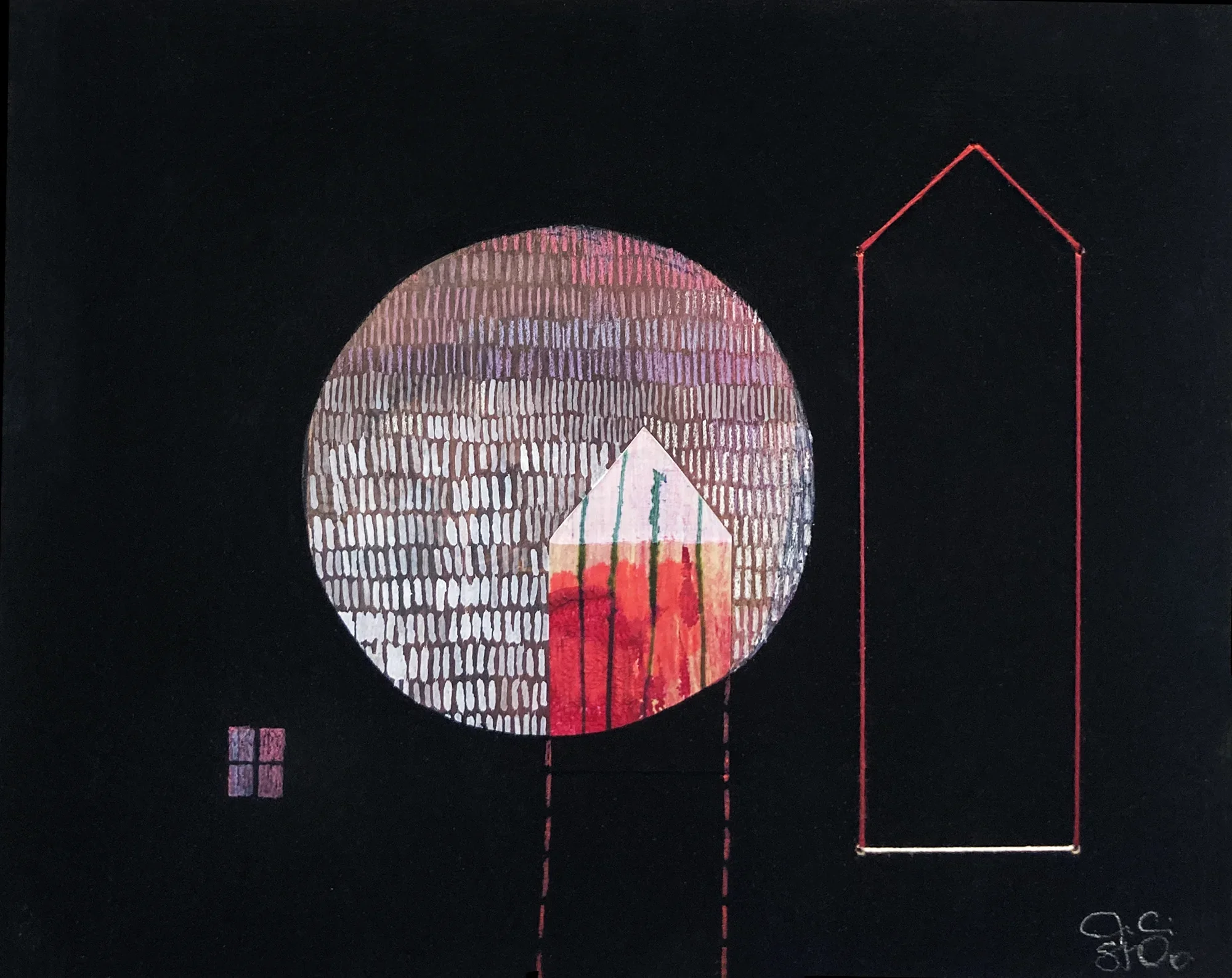 "Se déshabiter"   -  Médiums mixtes, collage et broderies sur bois   -  8 x 10 pouces 