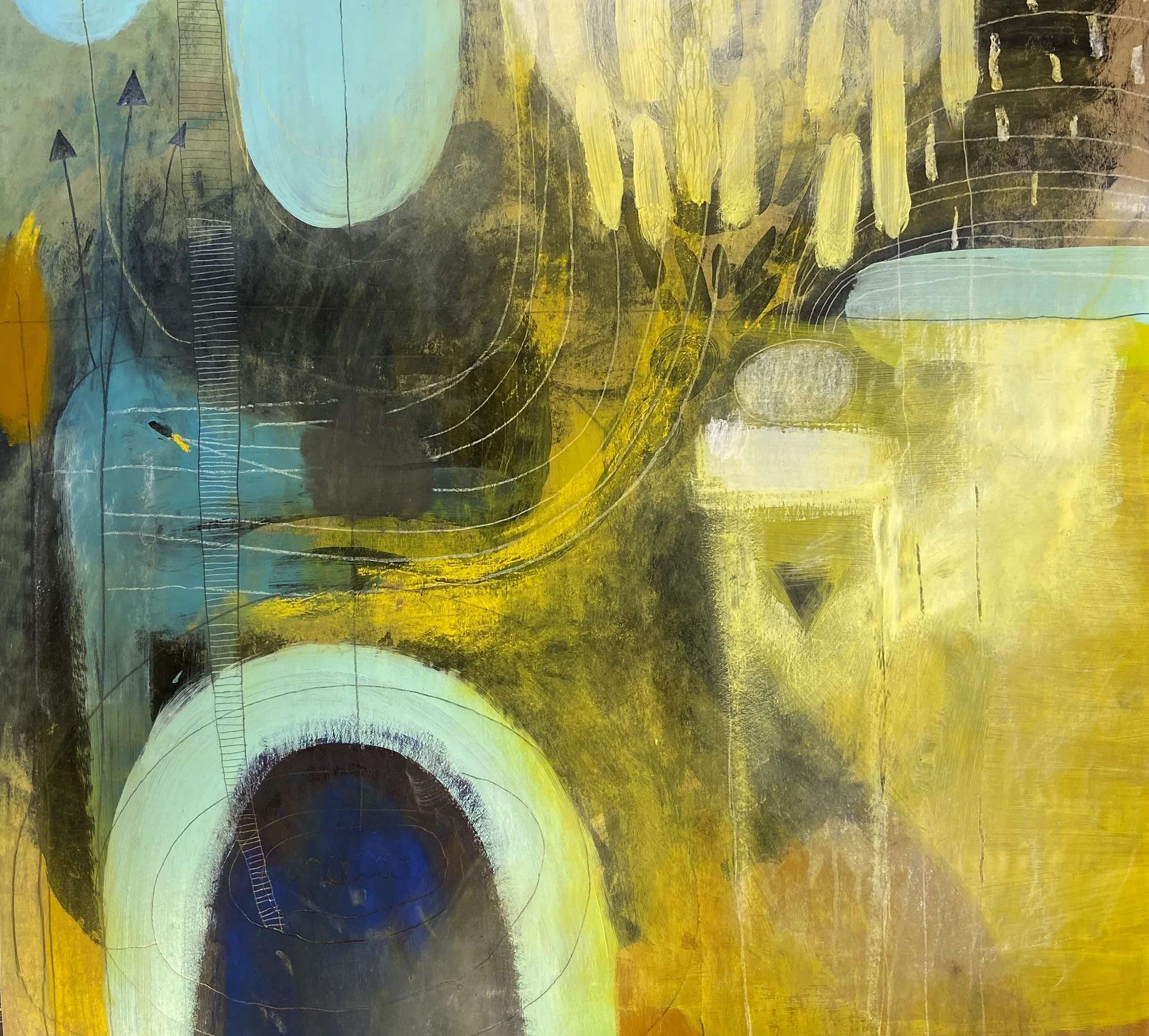 "Voltigeuse"   -  Médiums mixtes sur papier, marouflé sur bois   -  26 x 28,5 pouces 