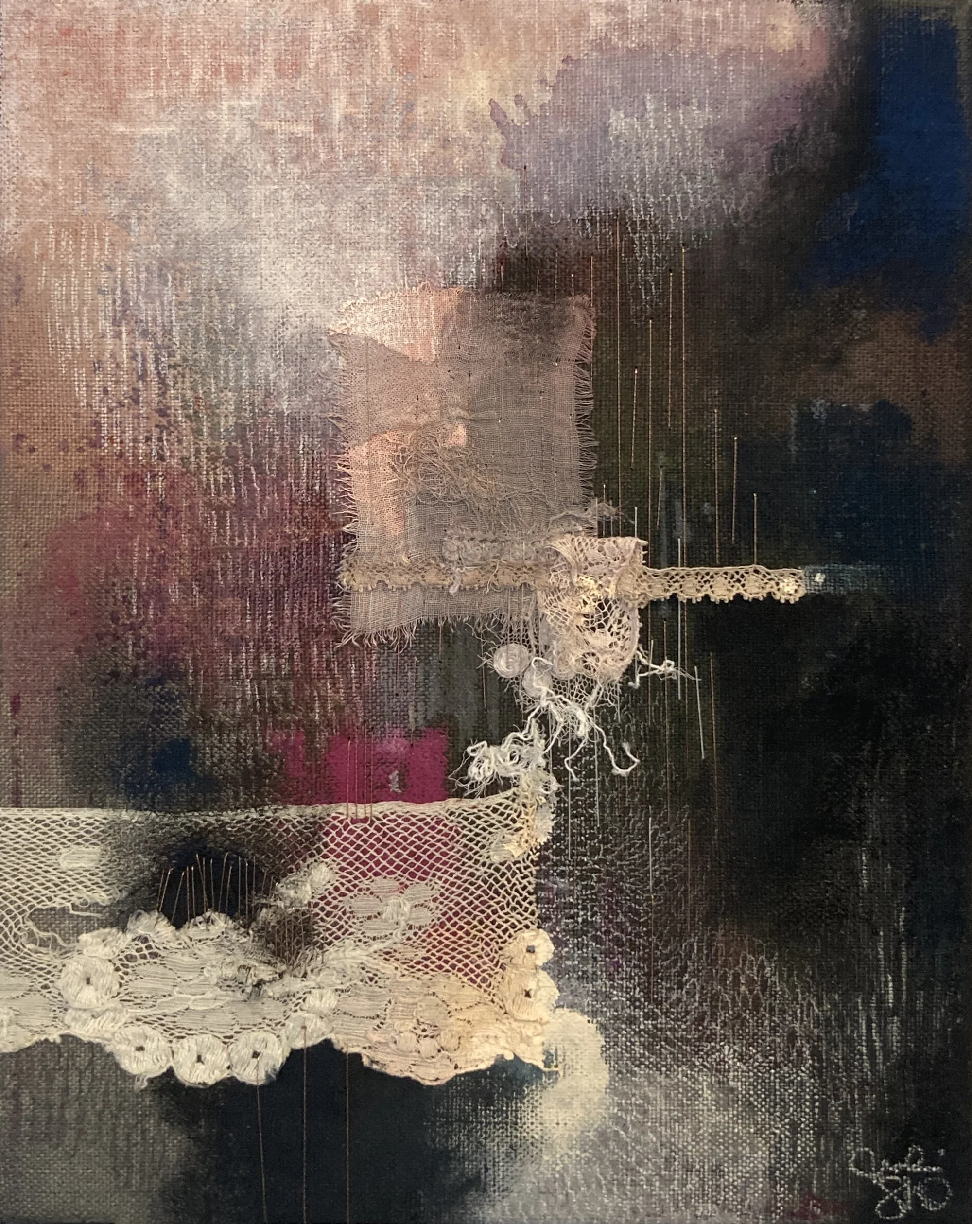 "Escale à Kamouraska 1"   -  Médiums mixtes, dentelles et broderies sur toile   -  8 x 10 pouces 