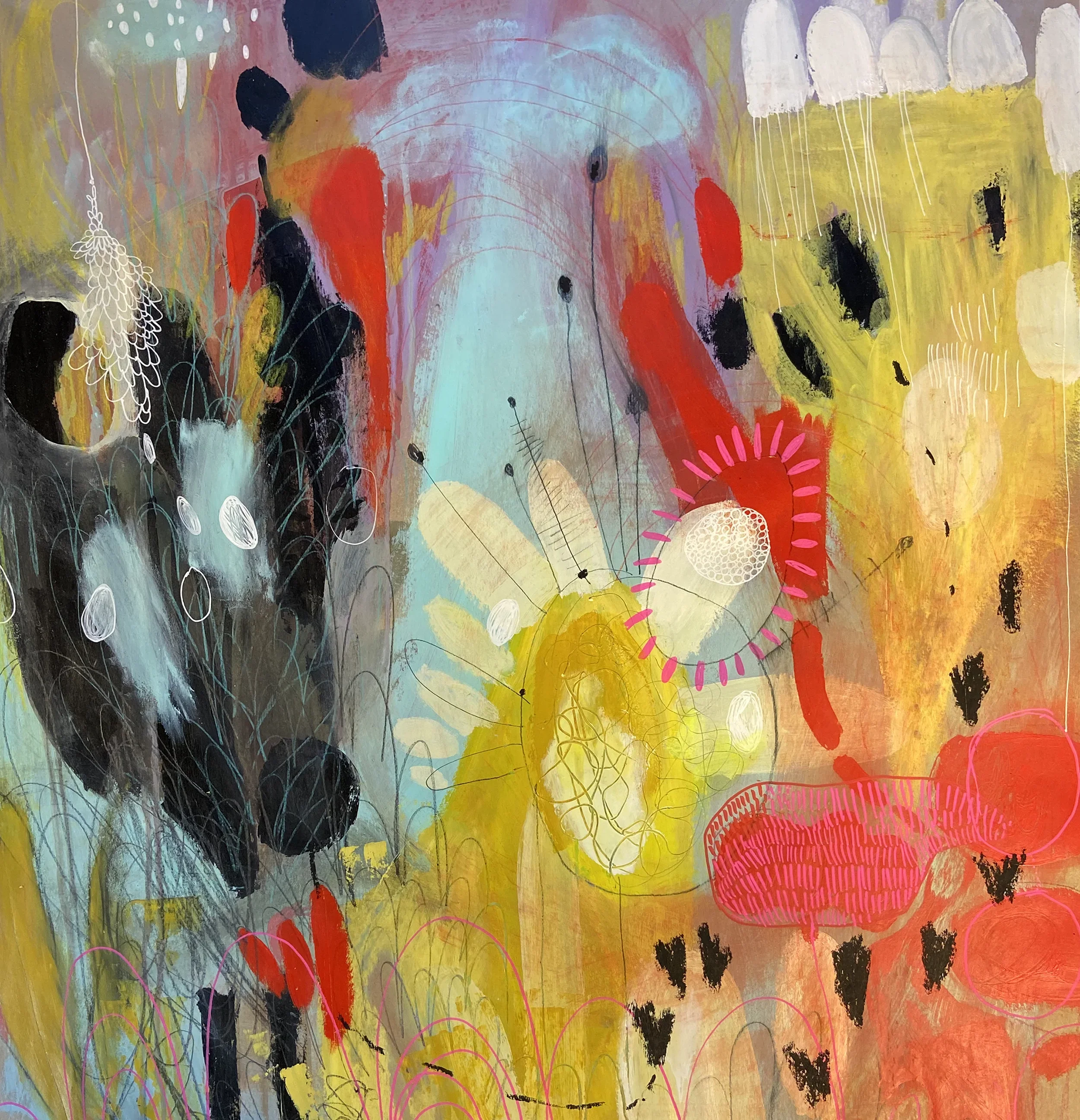 "Mauvaises herbes"   -  Médiums mixtes  sur papier, marouflé sur bois   -  31 x 27 pouces 