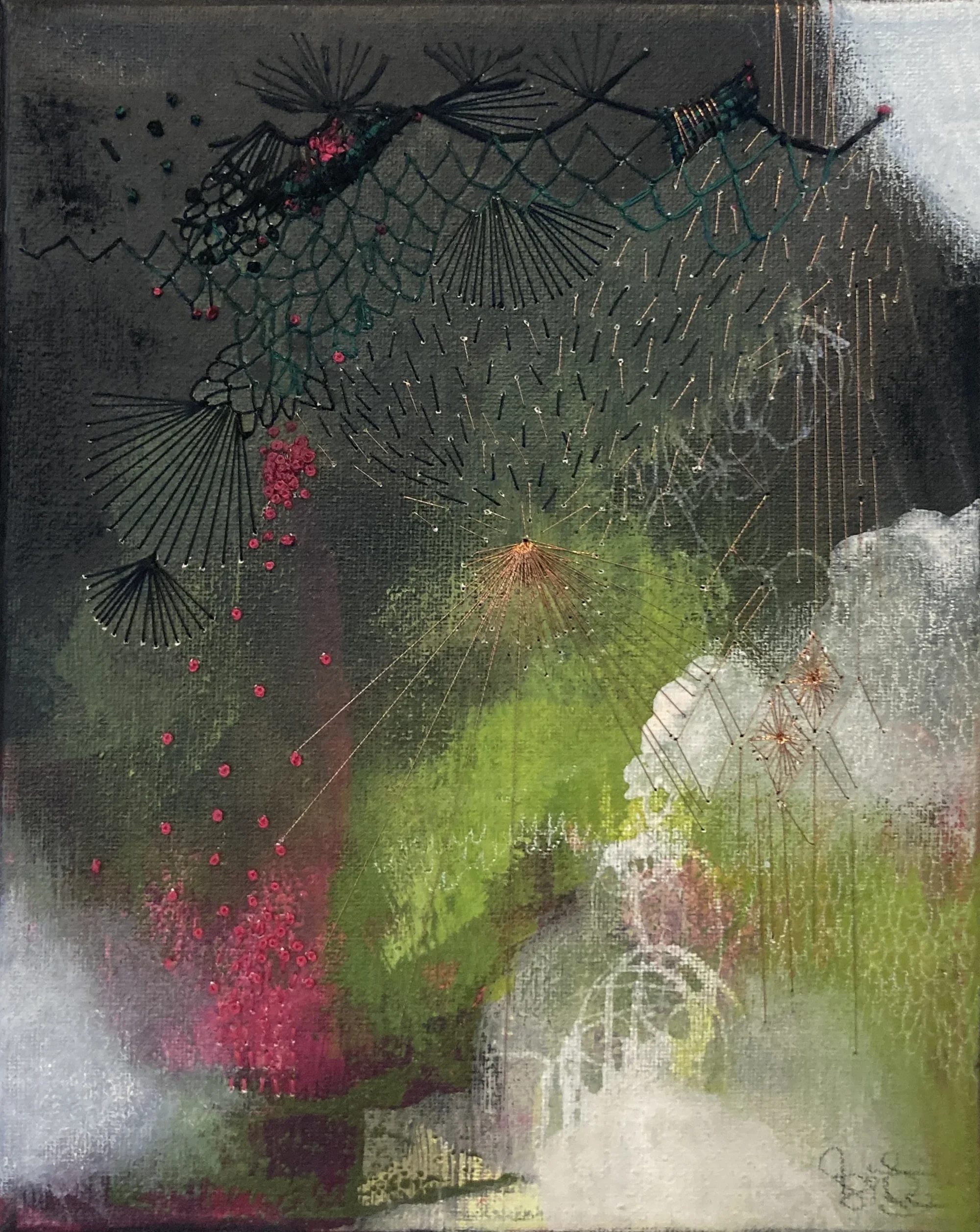 "Escale à Kamouraska 4"   -  Médiums mixtes et broderies sur toile   -  8 x 10 pouces 