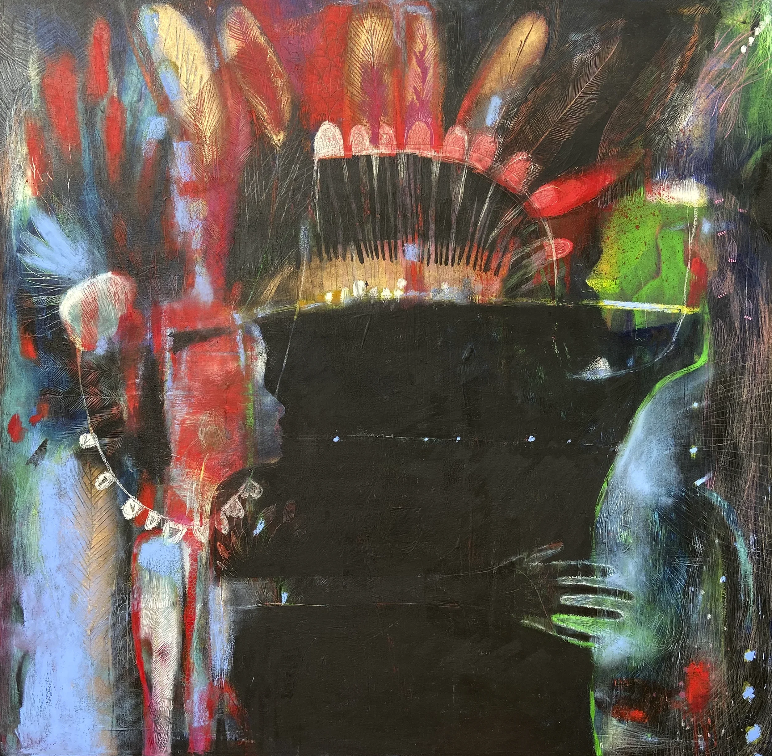 "Masque masculin"   -  Médiums mixtes et broderies sur toile   - 36 x 36 pouces 