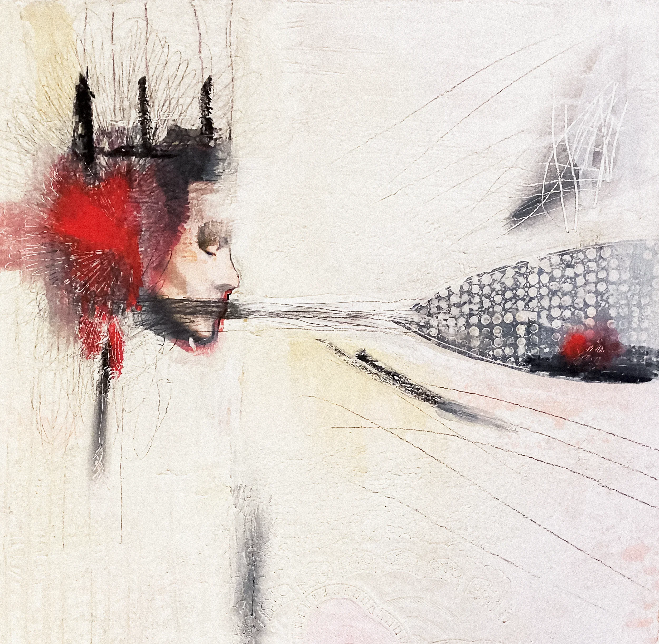 "Porter. le silence"   -  Médiums mixtes, collage et broderies sur toile   -  20 x 20 pouces 