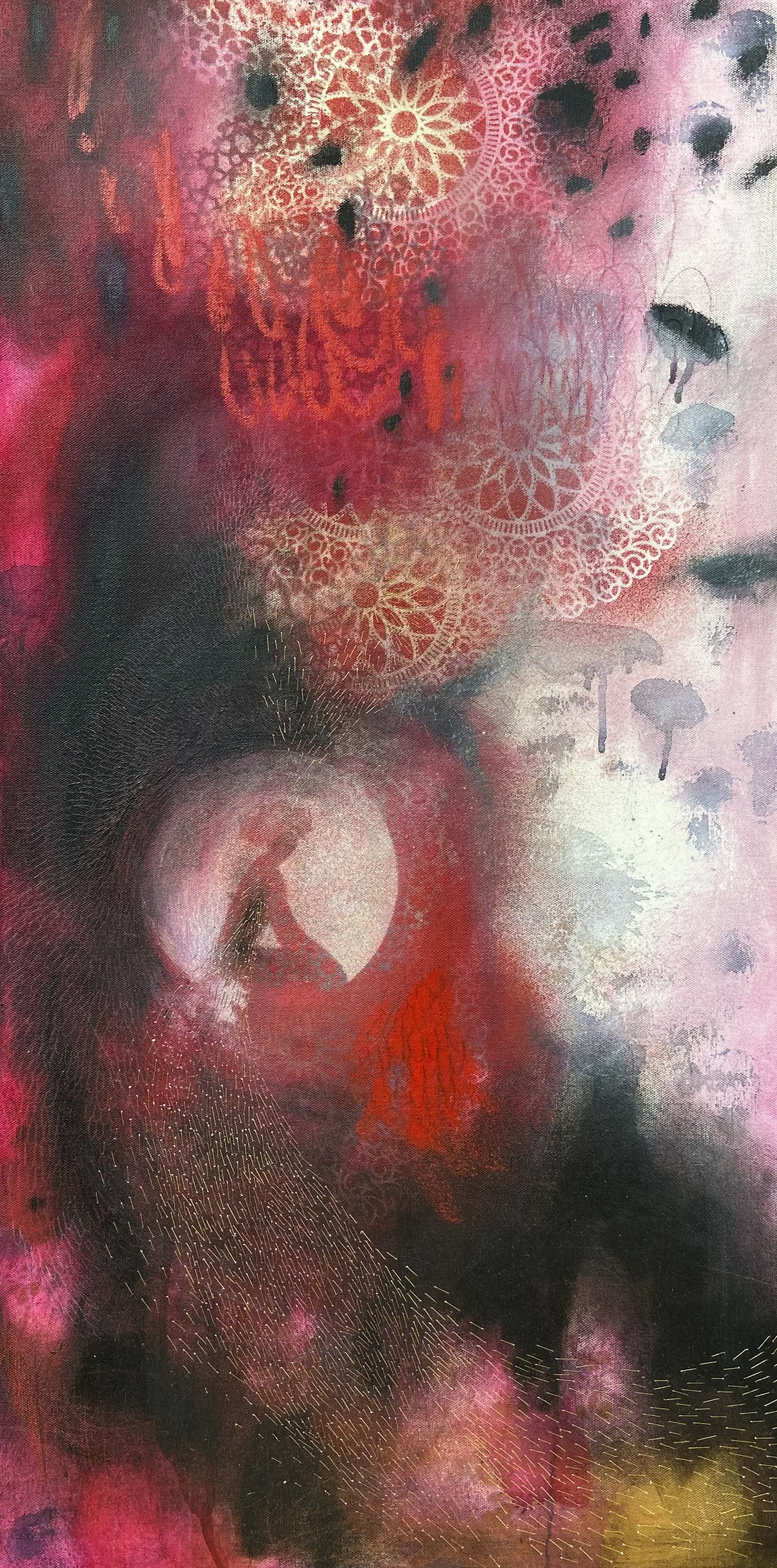 "Cycles"   -  Médiums mixtes et broderies sur toile   -  18 x 36 pouces 