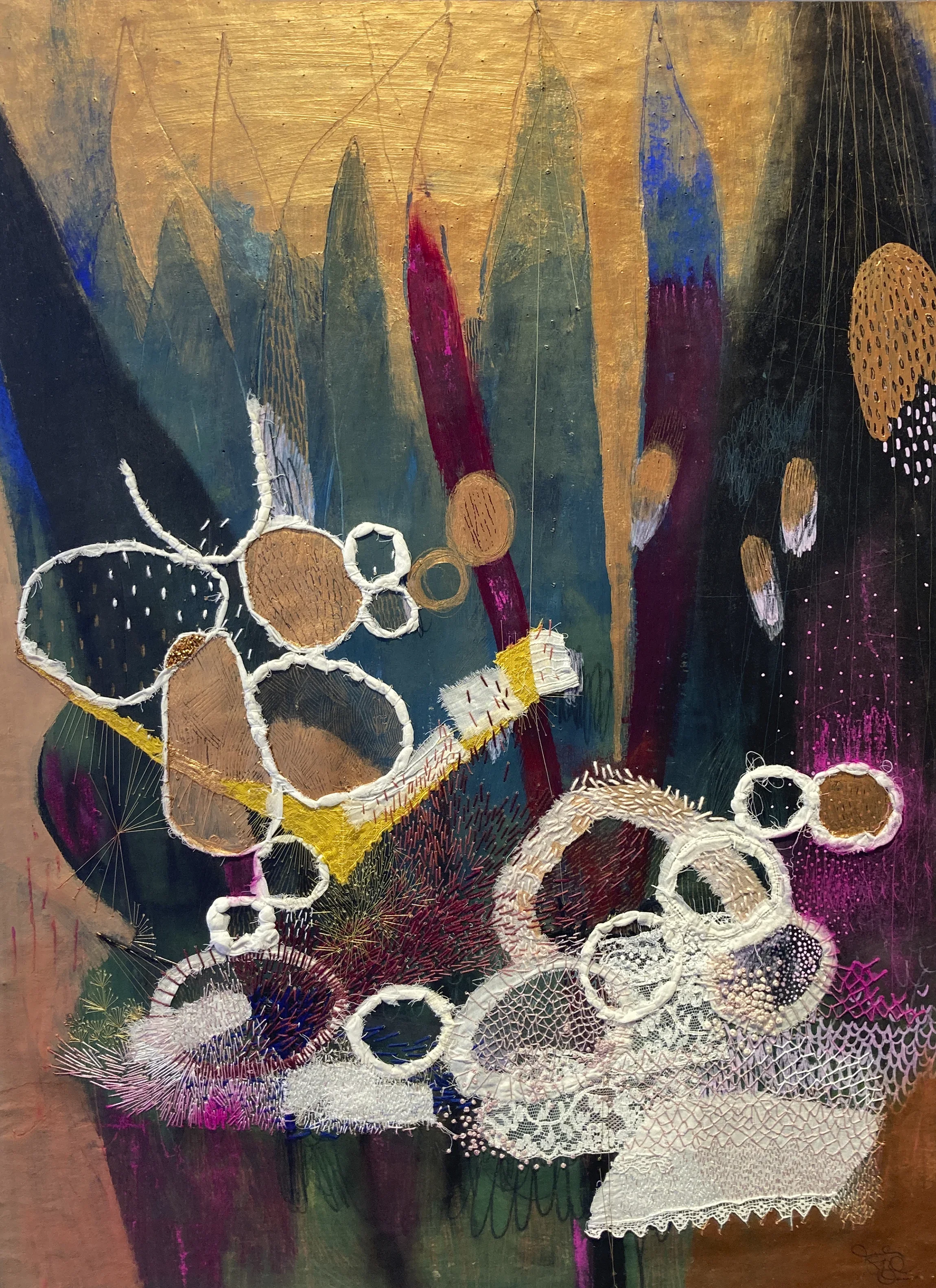 "Attraper le temps"   -  Médiums mixtes et broderies sur papier, marouflé sur bois   -  30 x 21,5 pouces 