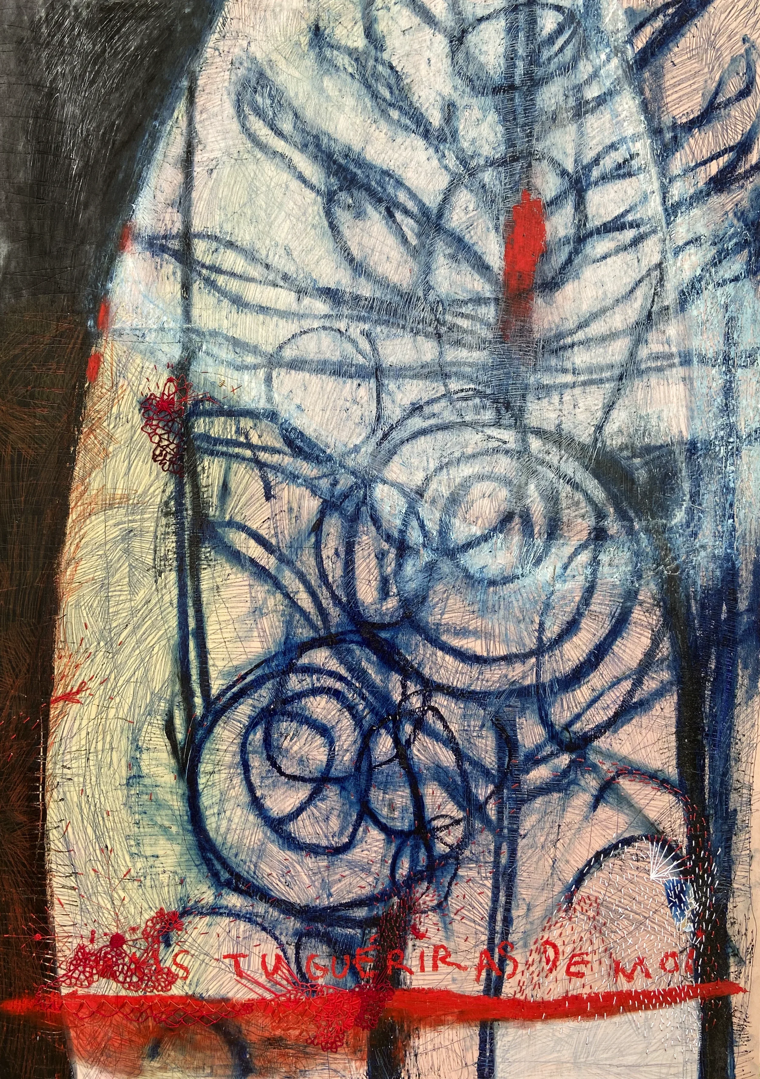 "Cicatrice tatouée"   -  Médiums mixtes et broderies sur papier, marouflé sur bois   -  30 x 42 pouces 