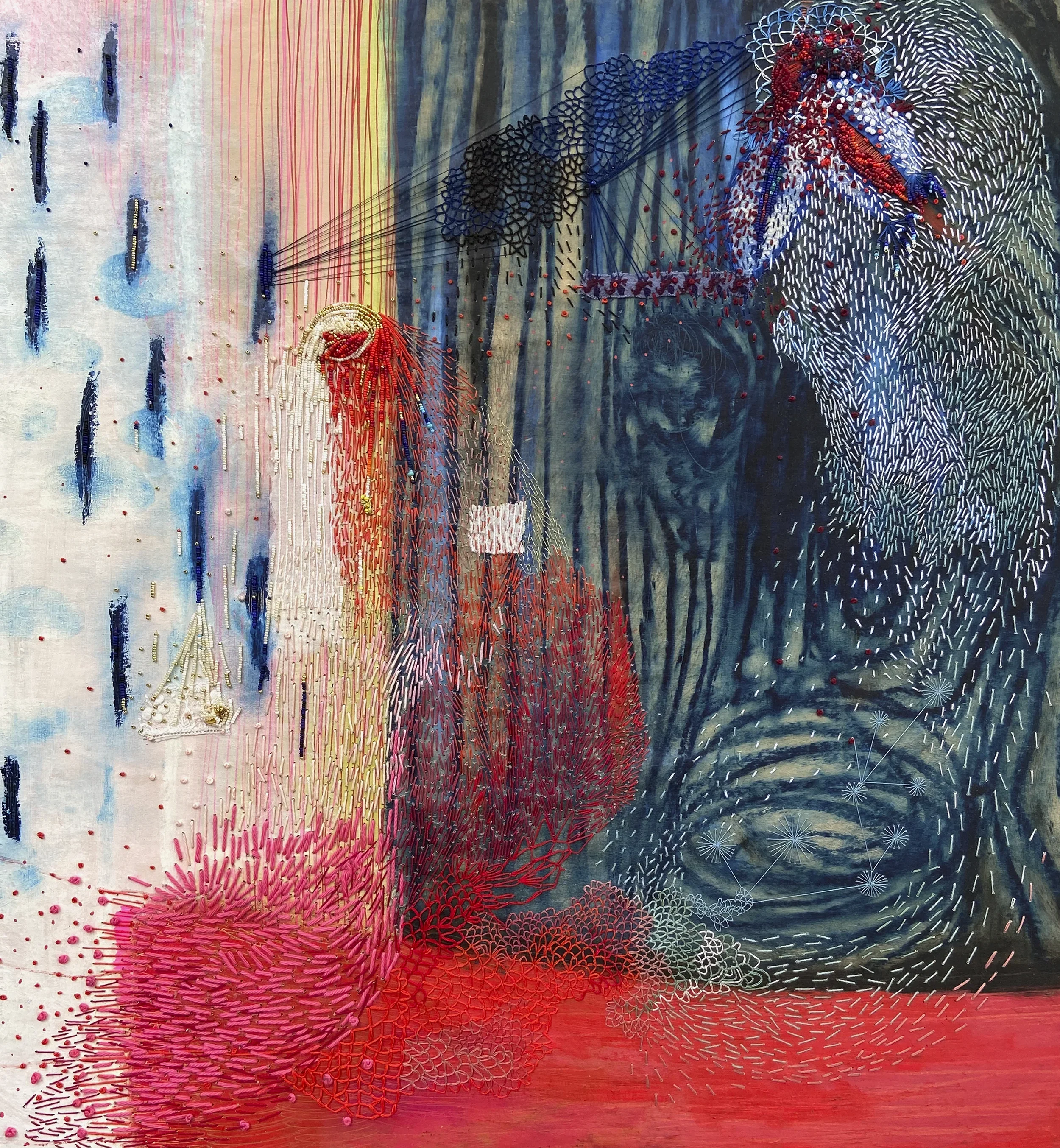 "Au coeur de l'arbre"   -  Médiums mixtes, broderies et perlage sur papier, marouflé sur bois   -  29 x 26,5 pouces 