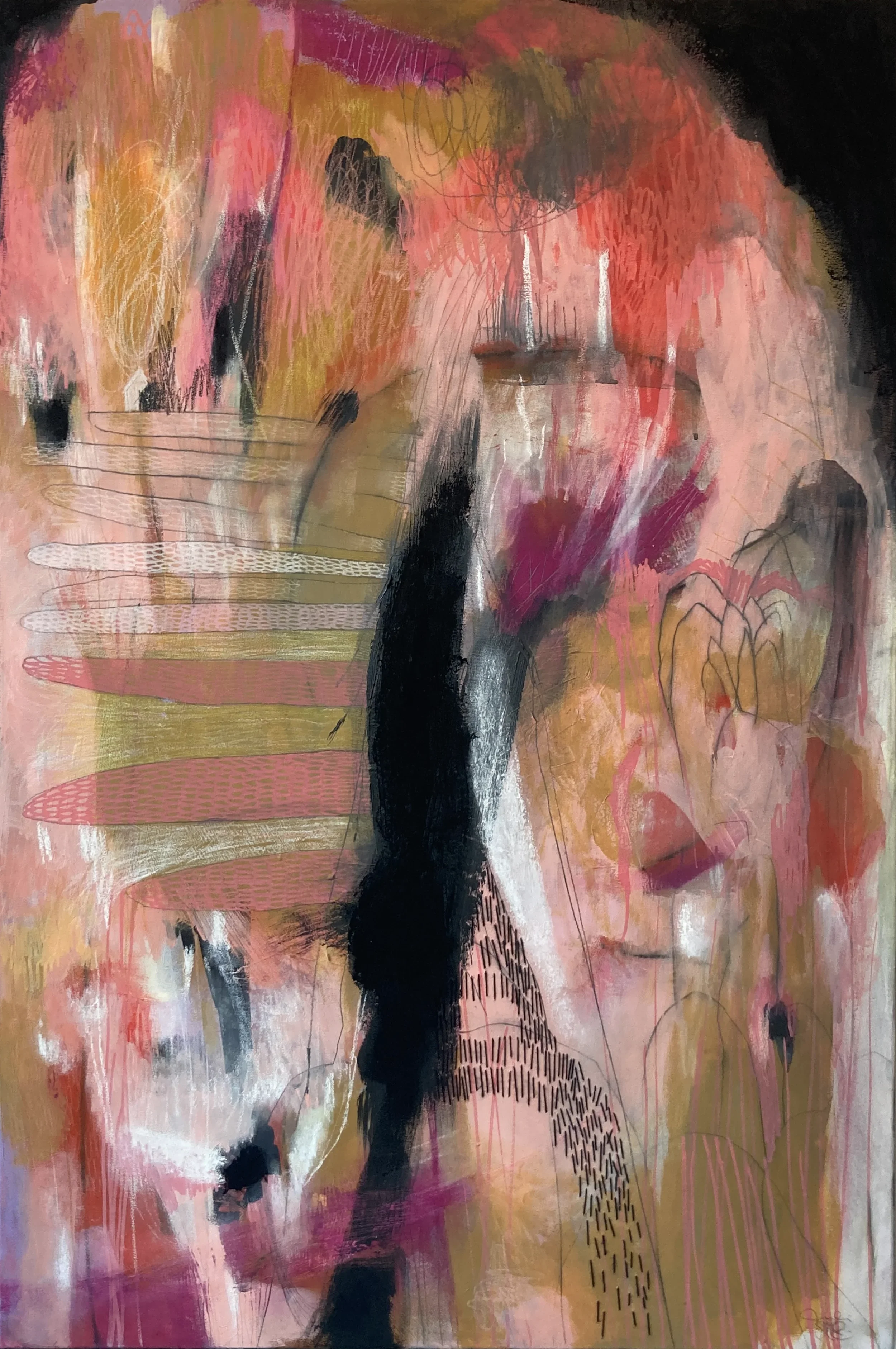 "Faillite féminine"   -  Médiums mixtes et broderies sur toile   -  36 x 24 pouces 