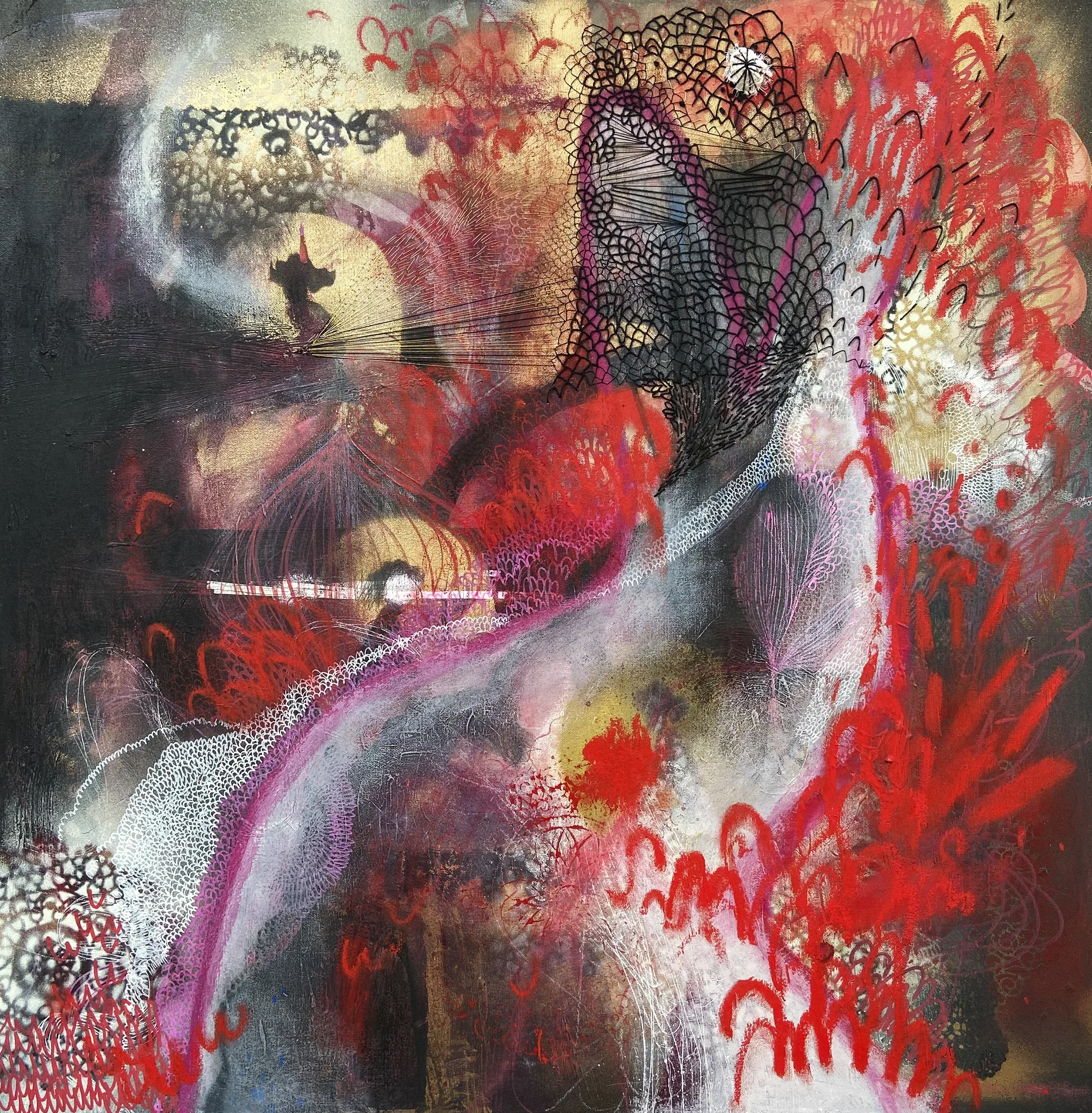 "Ce qui nait du chaos"   -  Médiums mixtes et broderies sur toile   -  30 x 30 pouces 