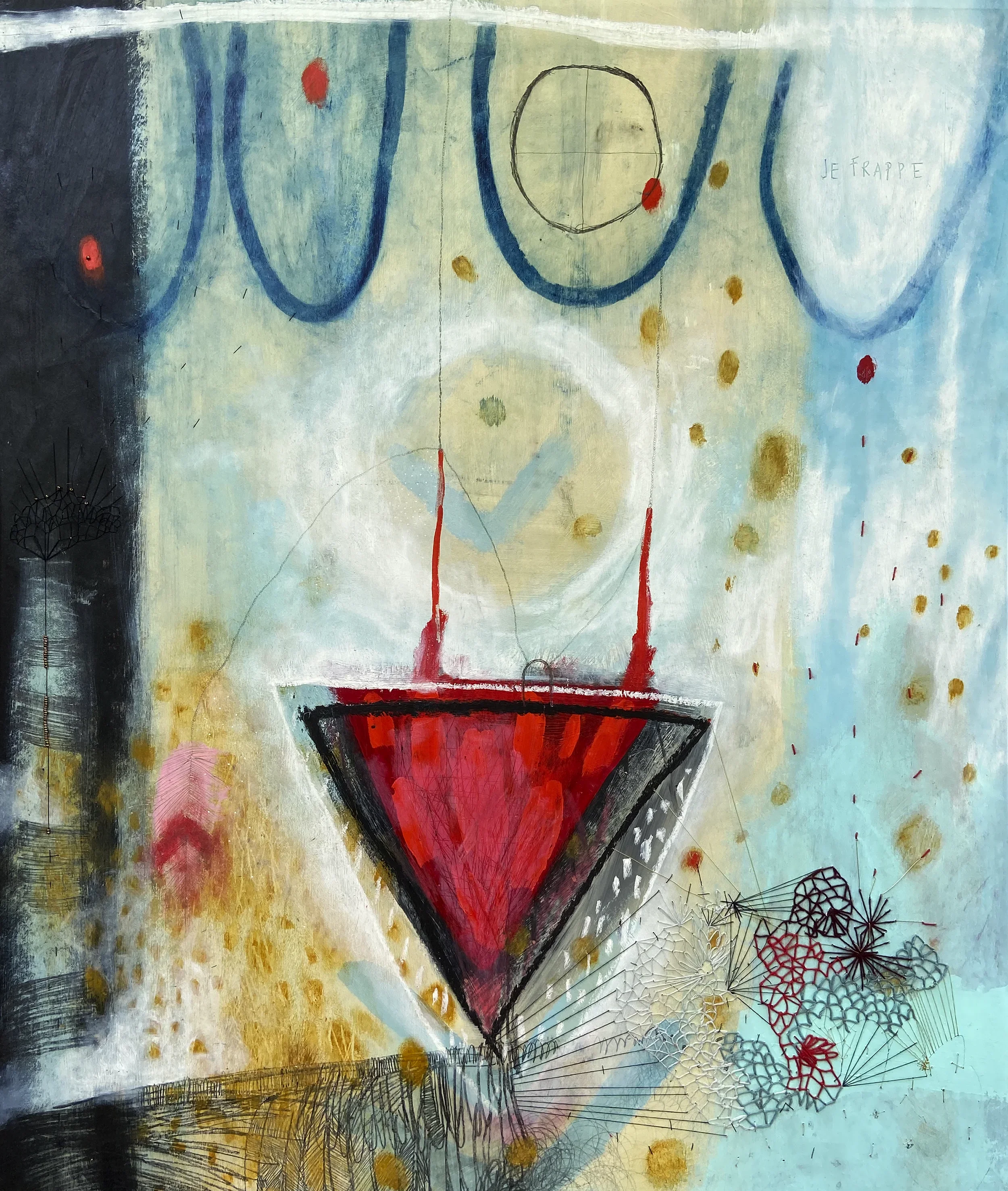 "Le fil du temps"   -  Médiums mixtes et broderies sur papier, marouflé sur bois   -  30x 33 pouces 