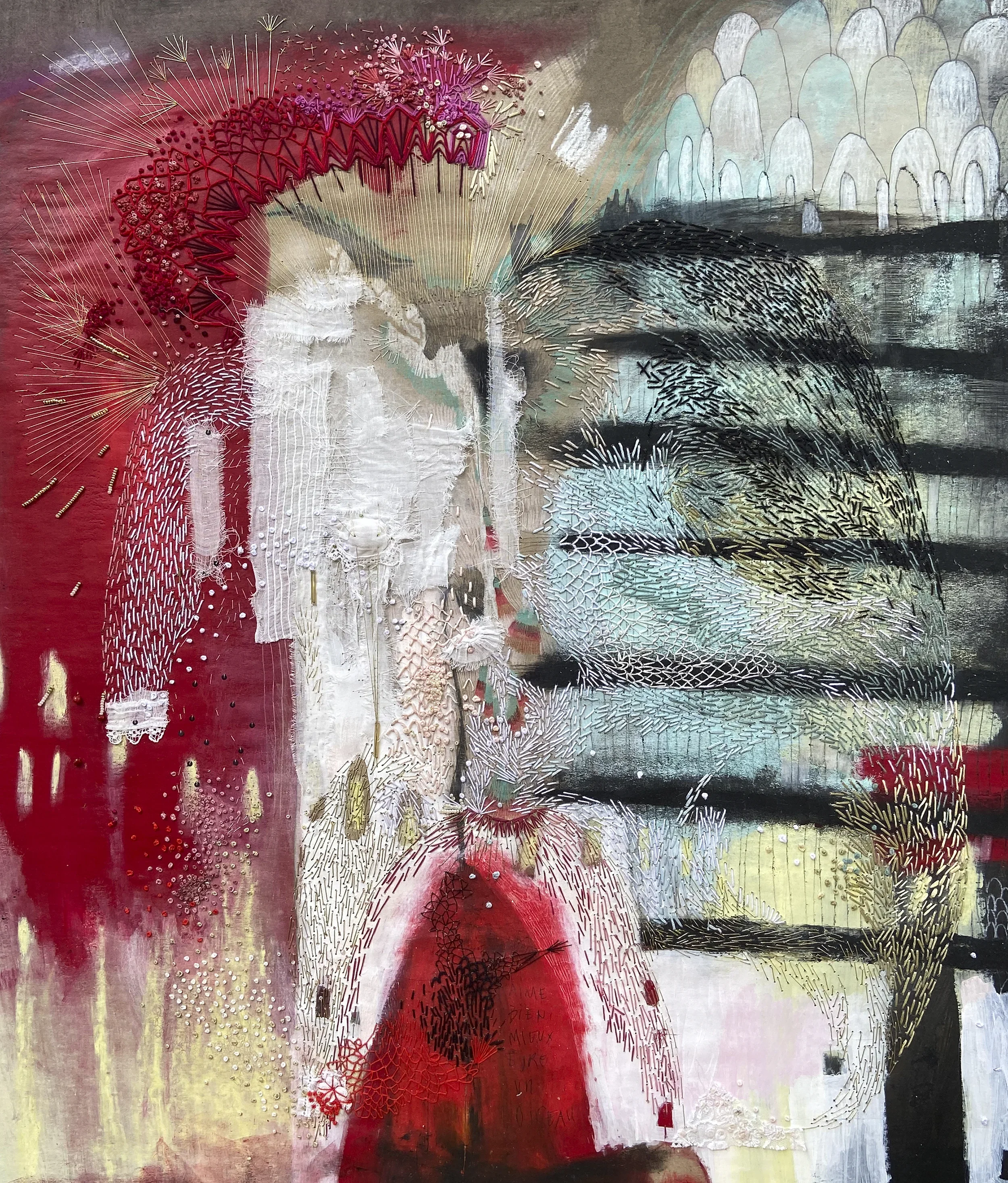 "Envol"   -  Médiums mixtes et broderies sur papier, marouflé sur bois   -  25 x 29 pouces 