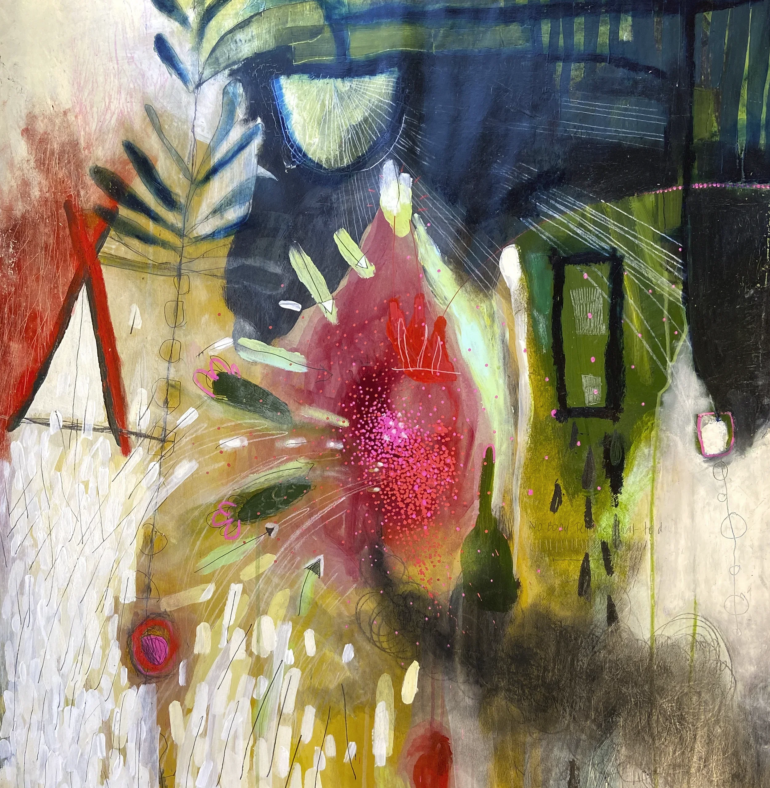 "Végétation onirique"   -  Médiums mixtes sur papier, marouflé sur bois   -  30 x 30 pouces 