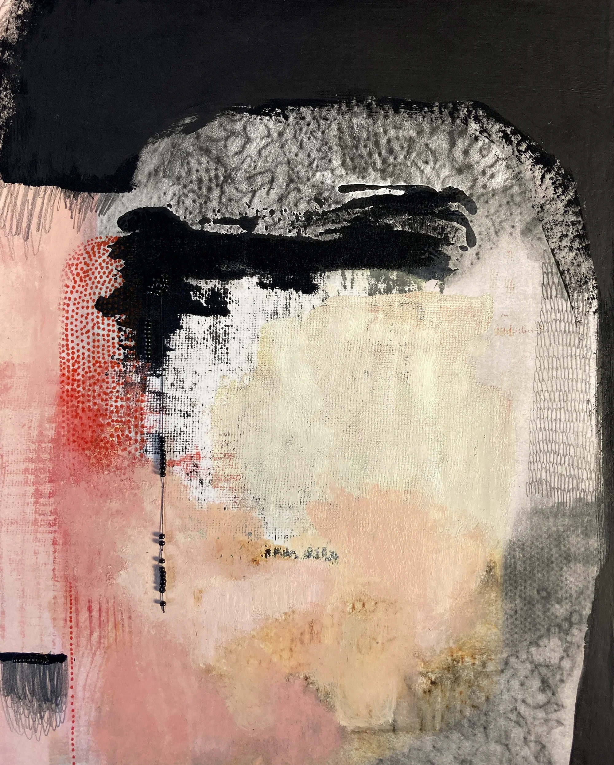 "Au creux du ventre"   -  Médiums mixtes et perlage sur papier, marouflé sur bois   -  8 x 20 pouces 