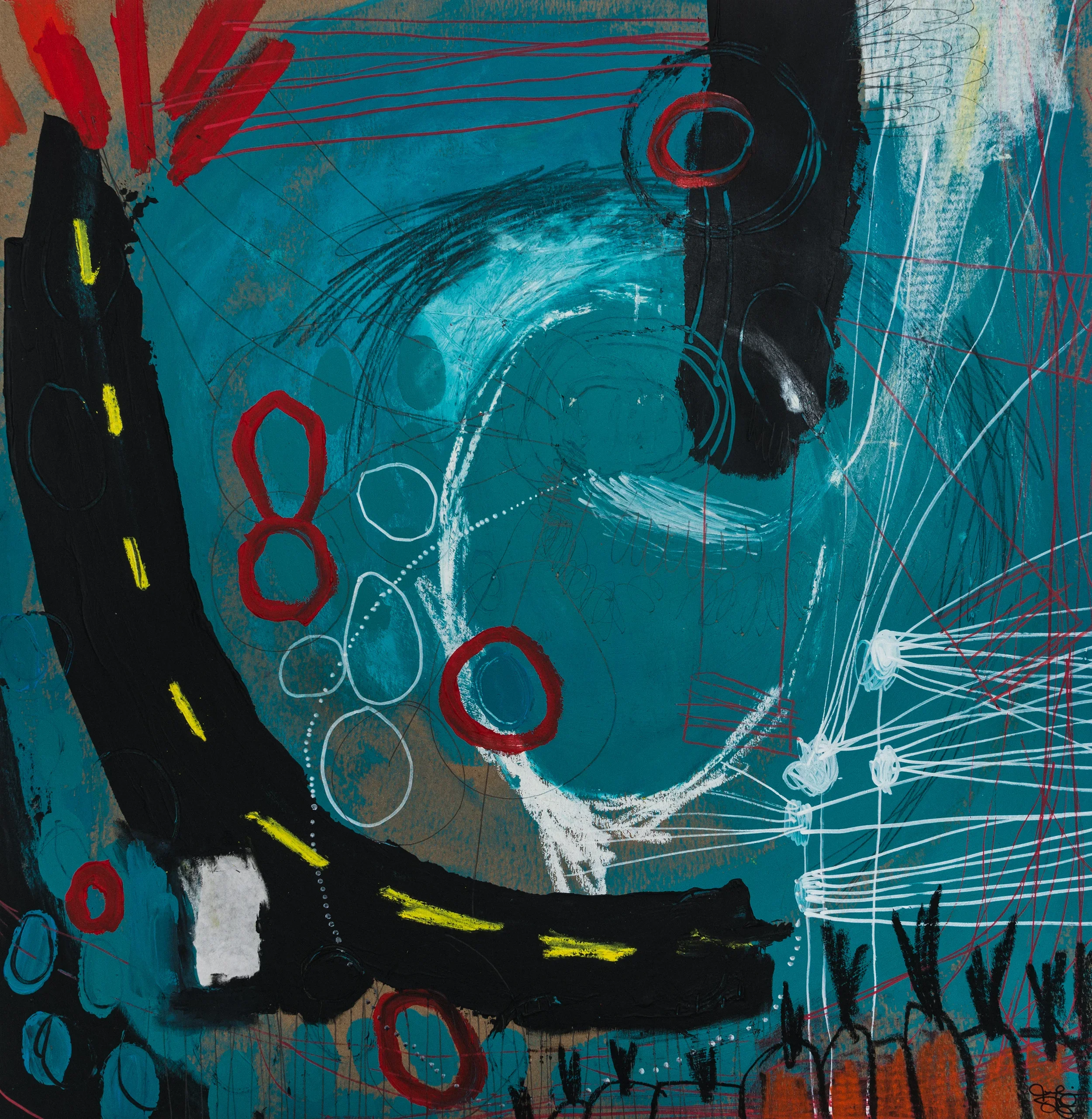 "Jouer"   -  Médiums mixtes sur papier, marouflé sur bois   -  28 x 28,5 pouces 