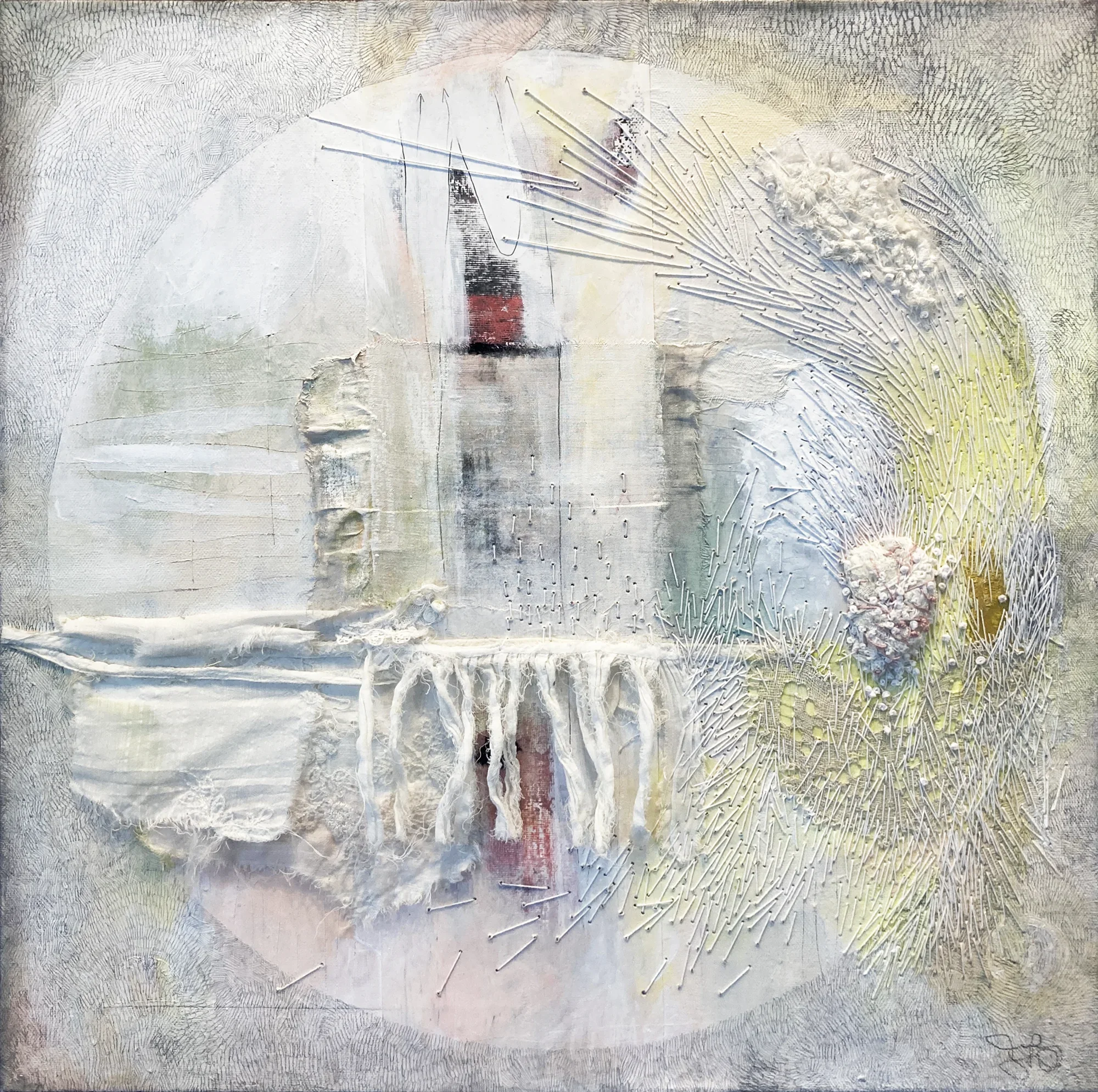 "Mi-temps"   -  Médiums mixtes et broderies sur toile   -  20 x 20 pouces 