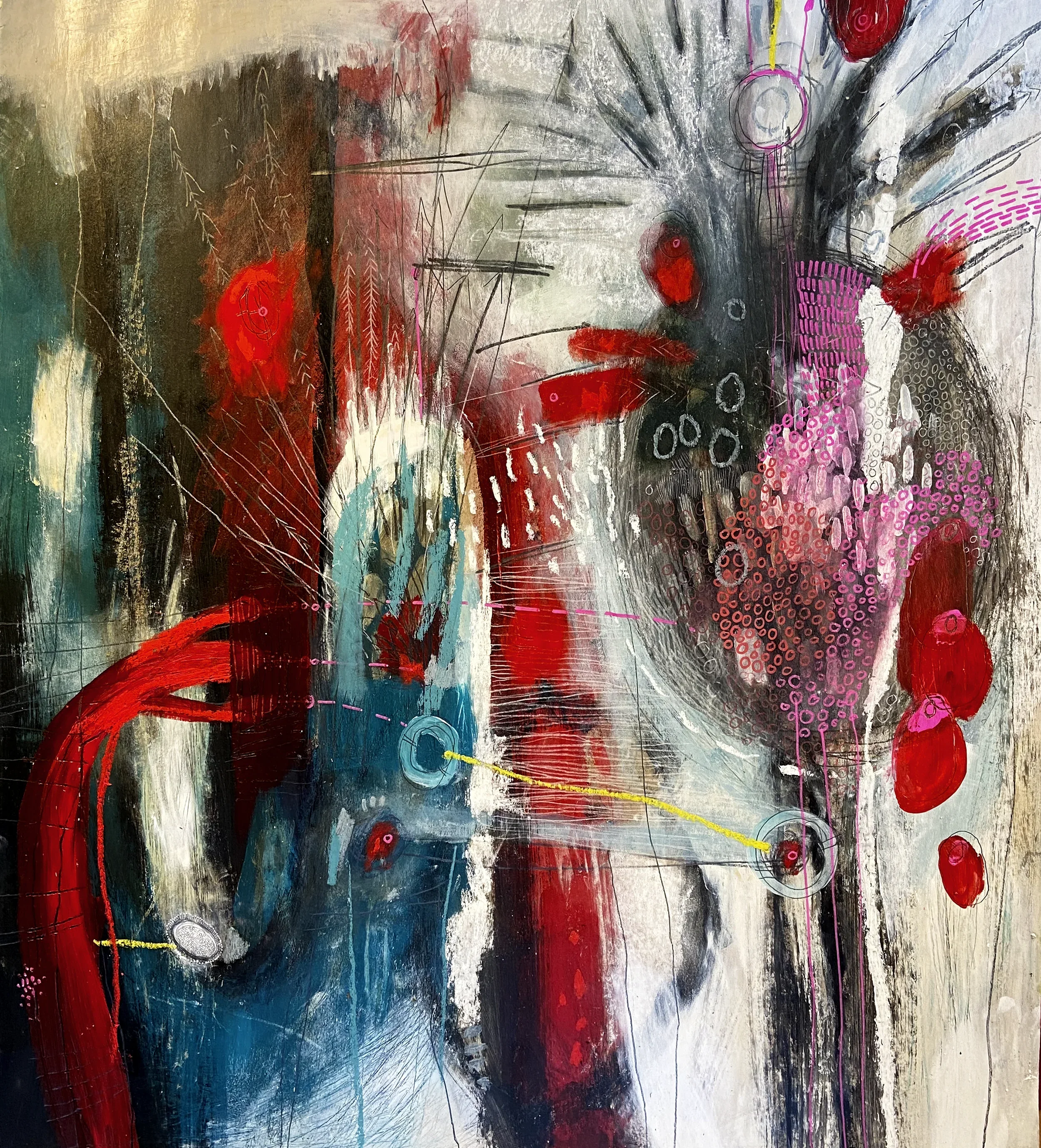 "Premiers contacts"   -  Médiums mixtes sur papier, marouflé sur bois   -  30 x 33 pouces 