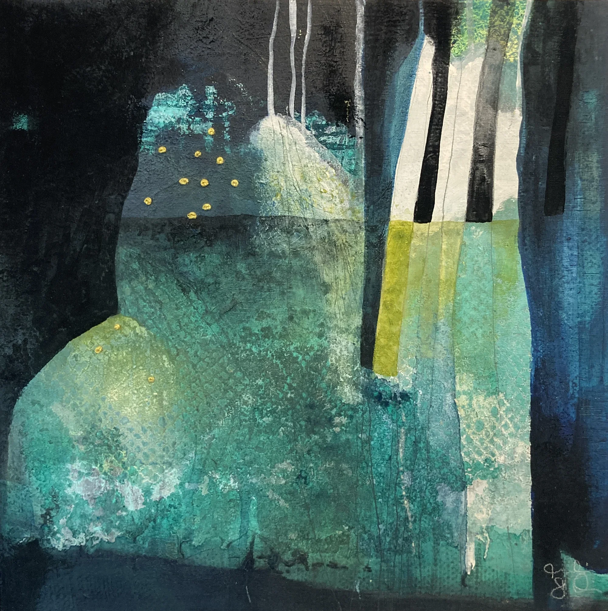 "Habiter dehors"   -  Médiums mixtes, dentelles et broderies sur bois   -  12 x 12 pouces 