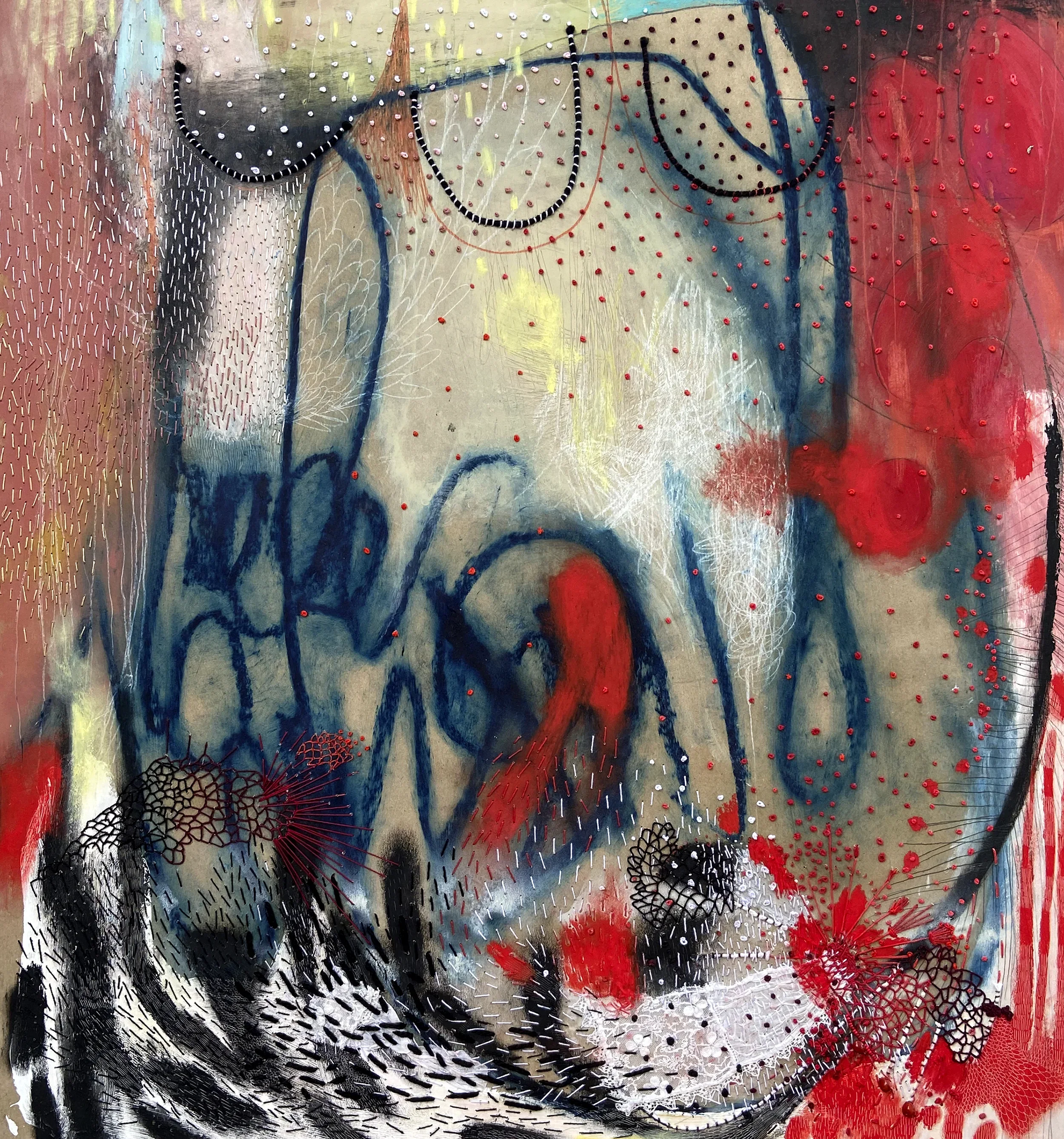 "Jouer avec le feu"   -  Médiums mixtes et broderies sur papier, marouflé sur bois   -  30 x 33 pouces 