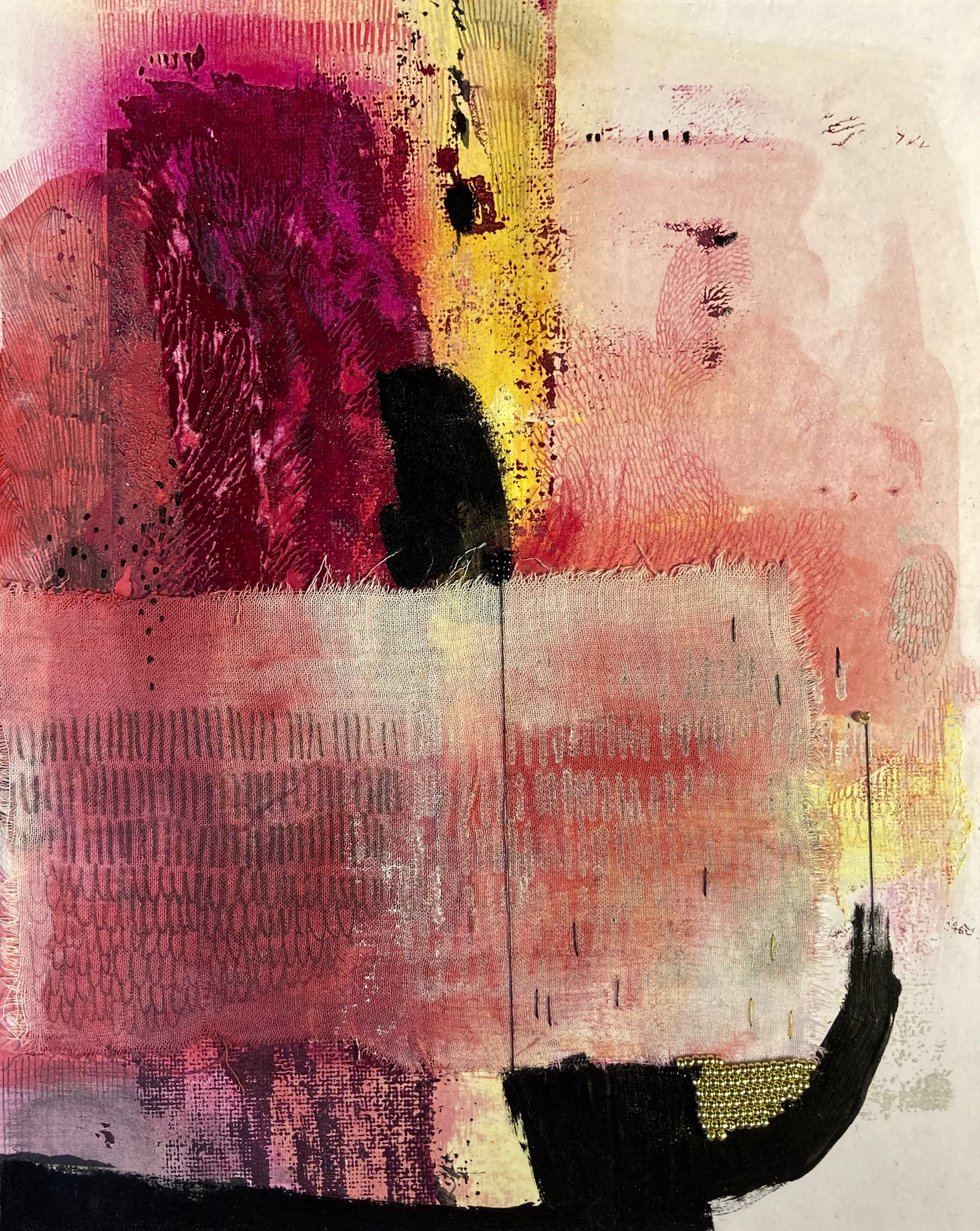 "Cette foret abondante que je porte"   -  Médiums mixtes, perlage et textiles sur papier, marouflé sur bois   -  8x 10 pouces 