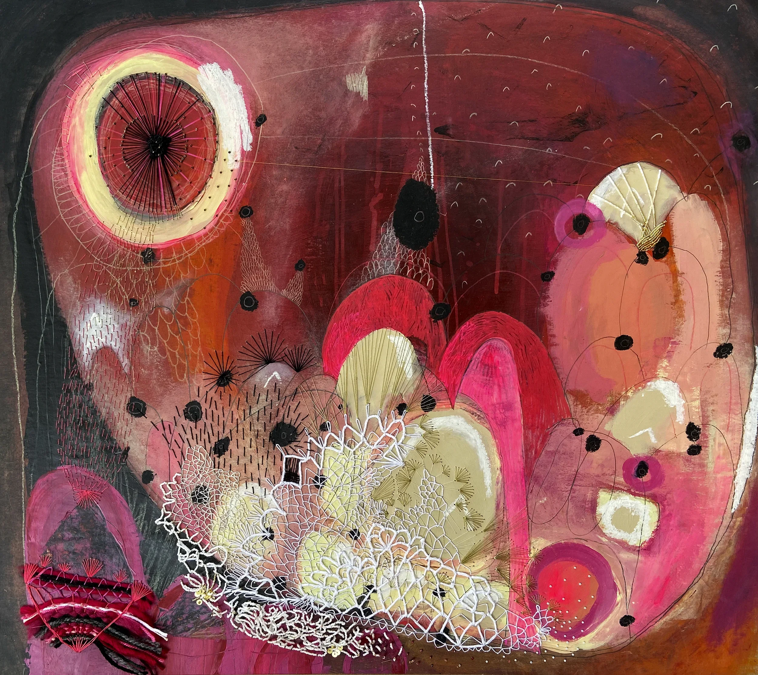 "L'allégorie de la caverne"   -  Médiums mixtes et broderies sur papier, marouflé sur bois   -  30 x 33 pouces 