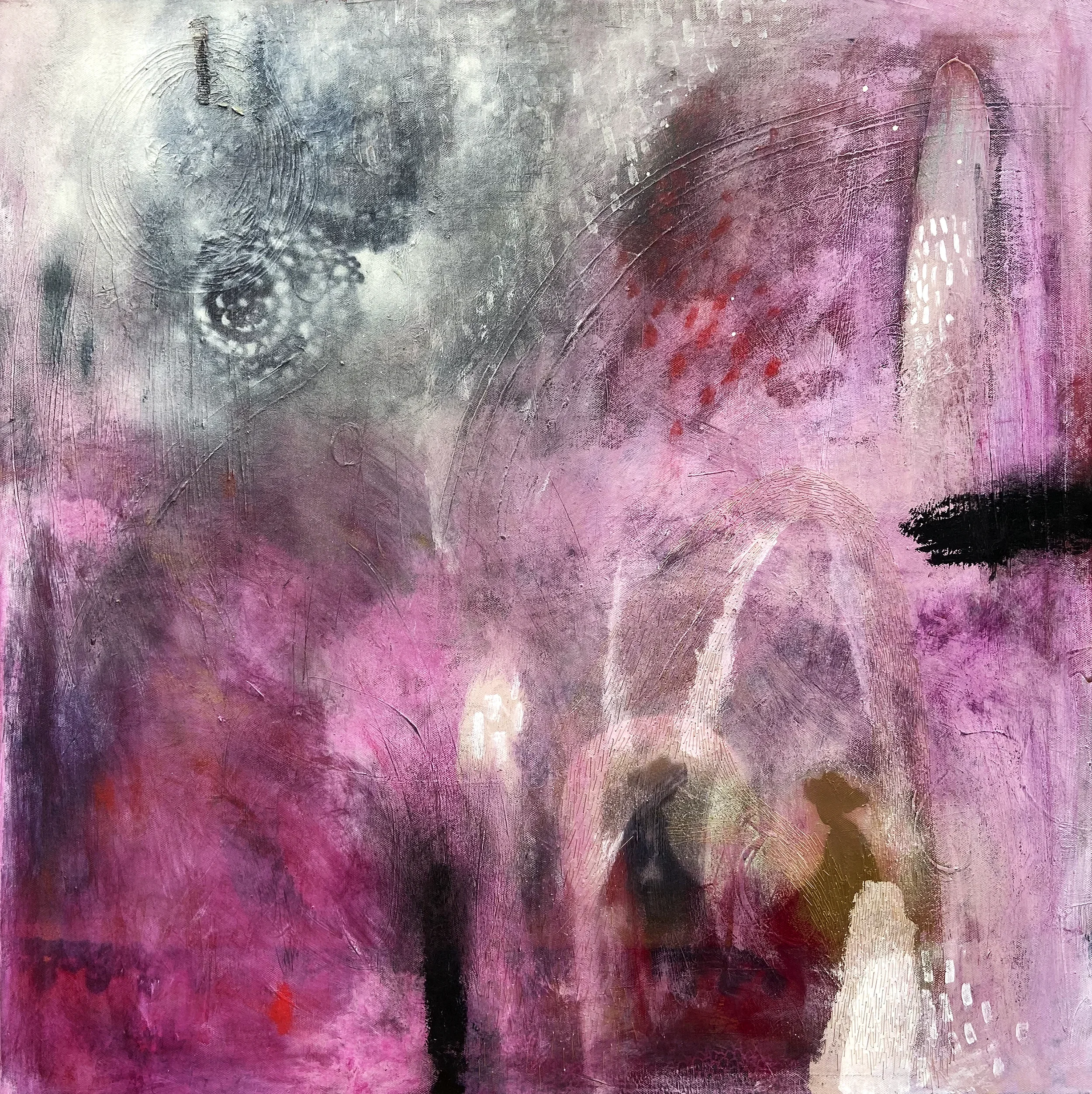 "Discussion avec elles"   -  Médiums mixtes et broderies sur toile   -  30 x 30 pouces 