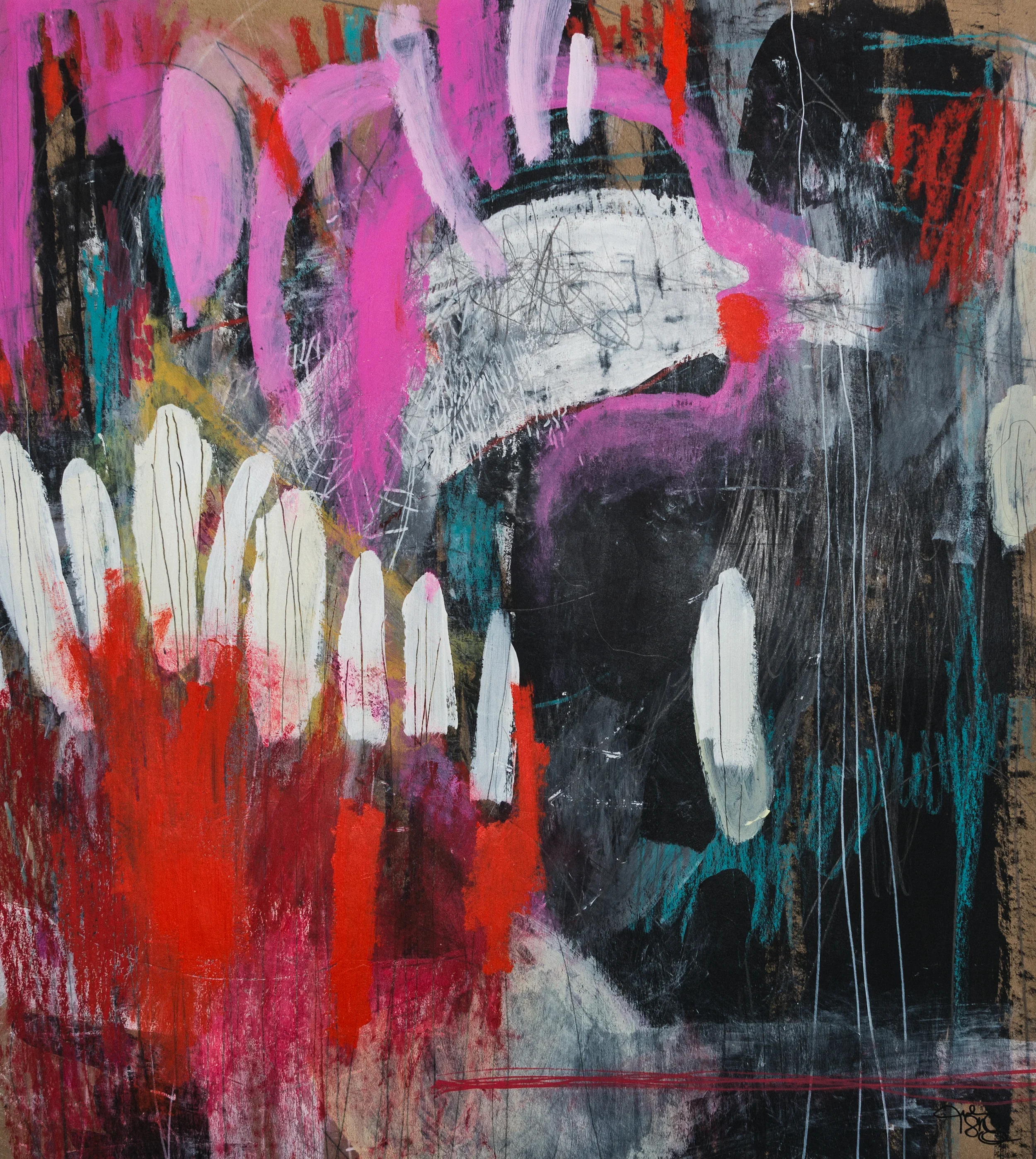 "Hurler pour sa tribu"   -  Médiums mixtes sur papier, marouflé sur bois   -  27 x 30 pouces 