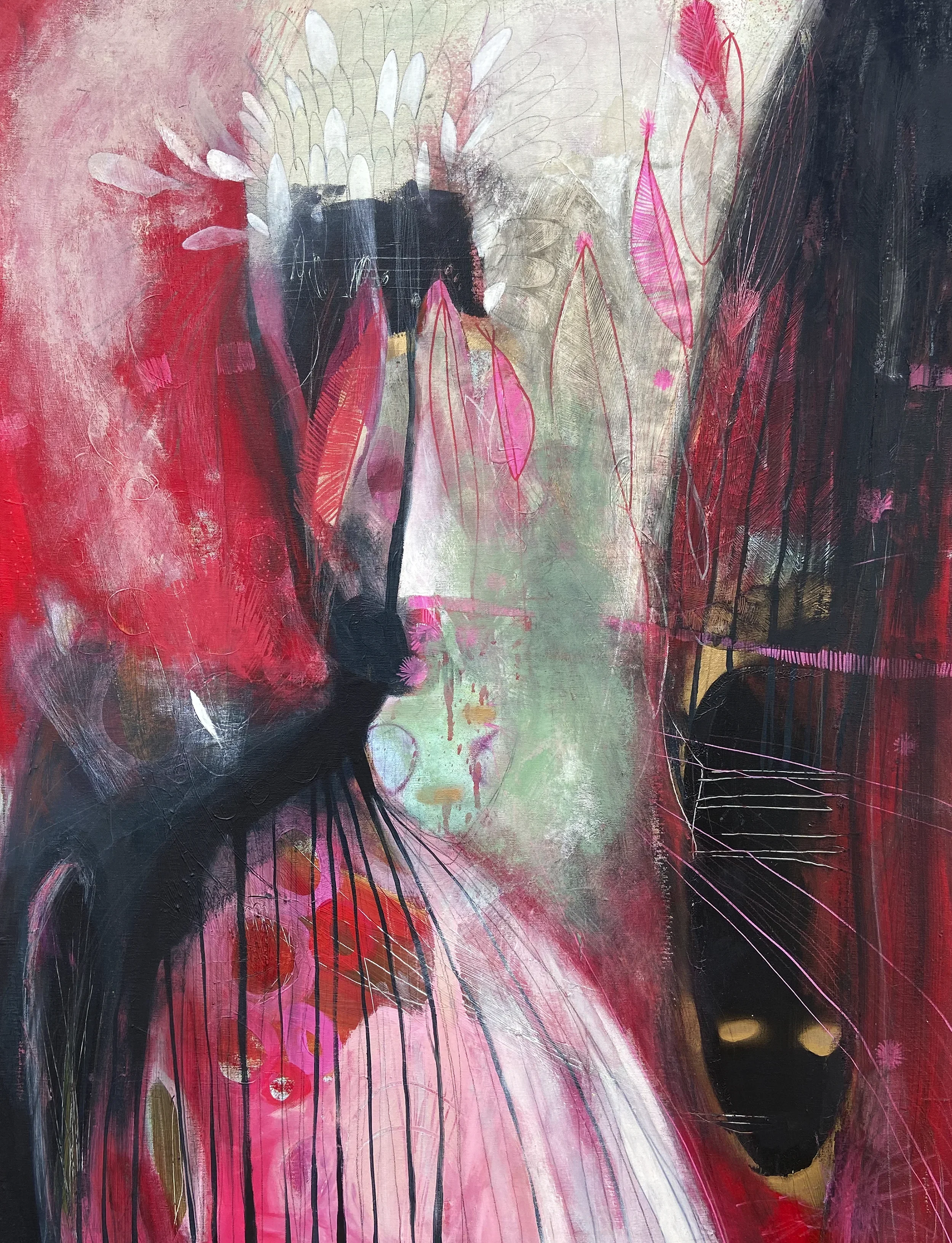 "Mariage mythique"   -  Médiums mixtes et broderies sur toile   -  30 x 40 pouces 