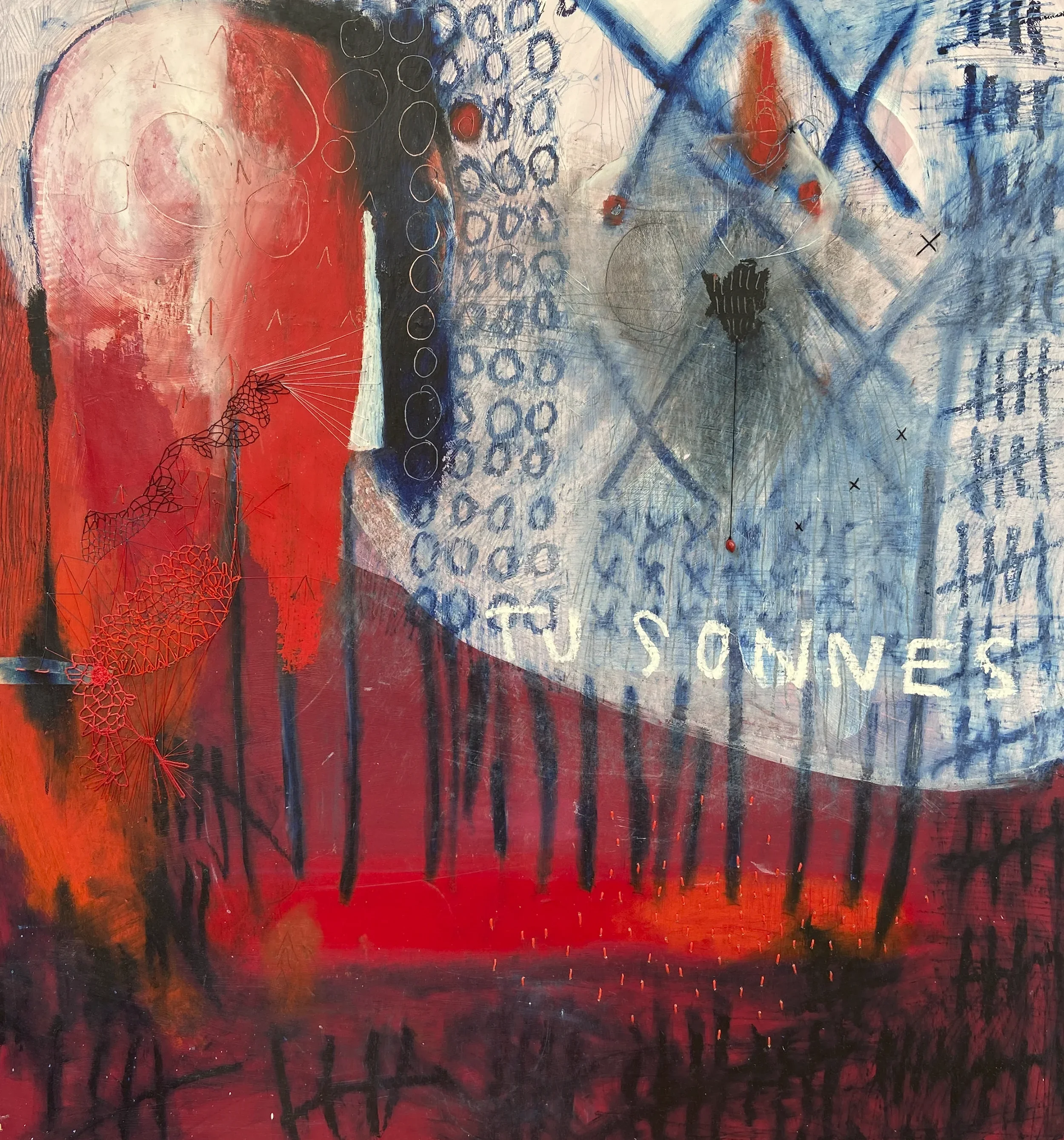 "Ma forêt brûle"   -  Médiums mixtes et broderies sur papier, marouflé sur bois   -  30 x 30 pouces 