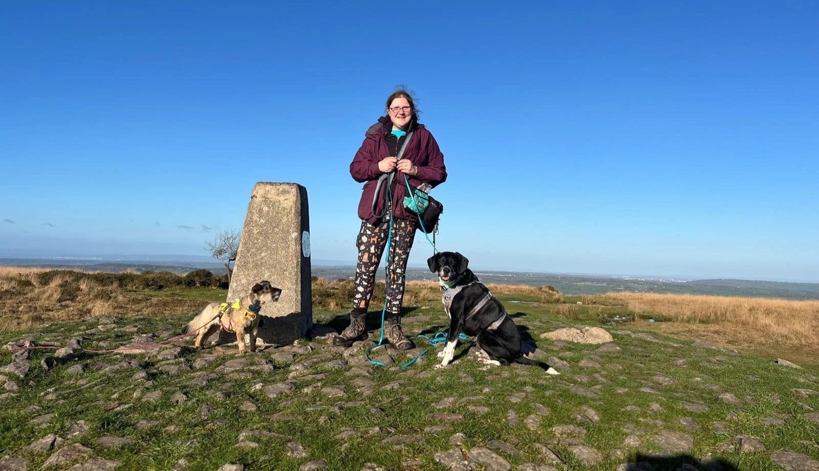 A woman standing on a hilltop with two dogs, near a stone marker under a clear blue sky, overlooking a scenic landscape.