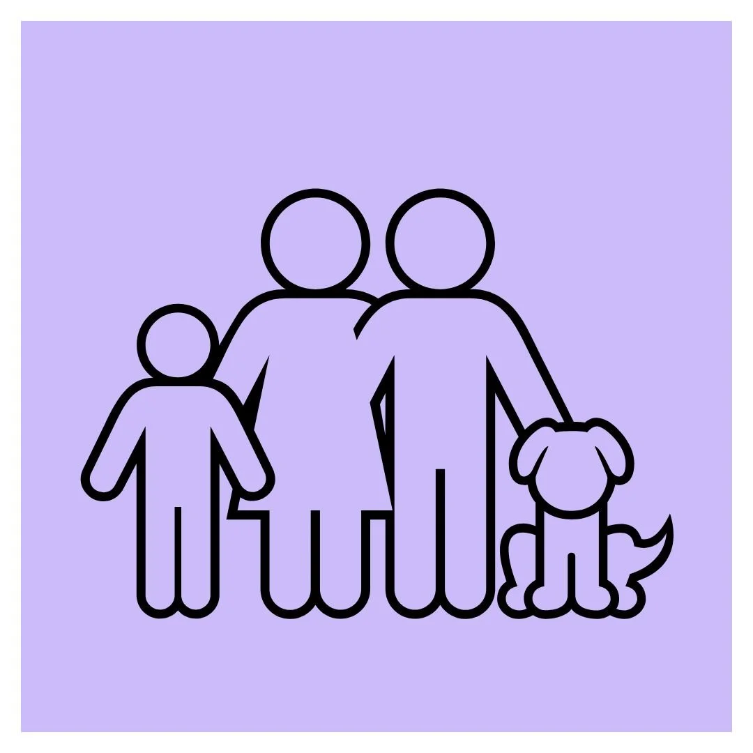 Simple icon of a family with two adults, one child, and a dog, all outlined in black on a purple background.