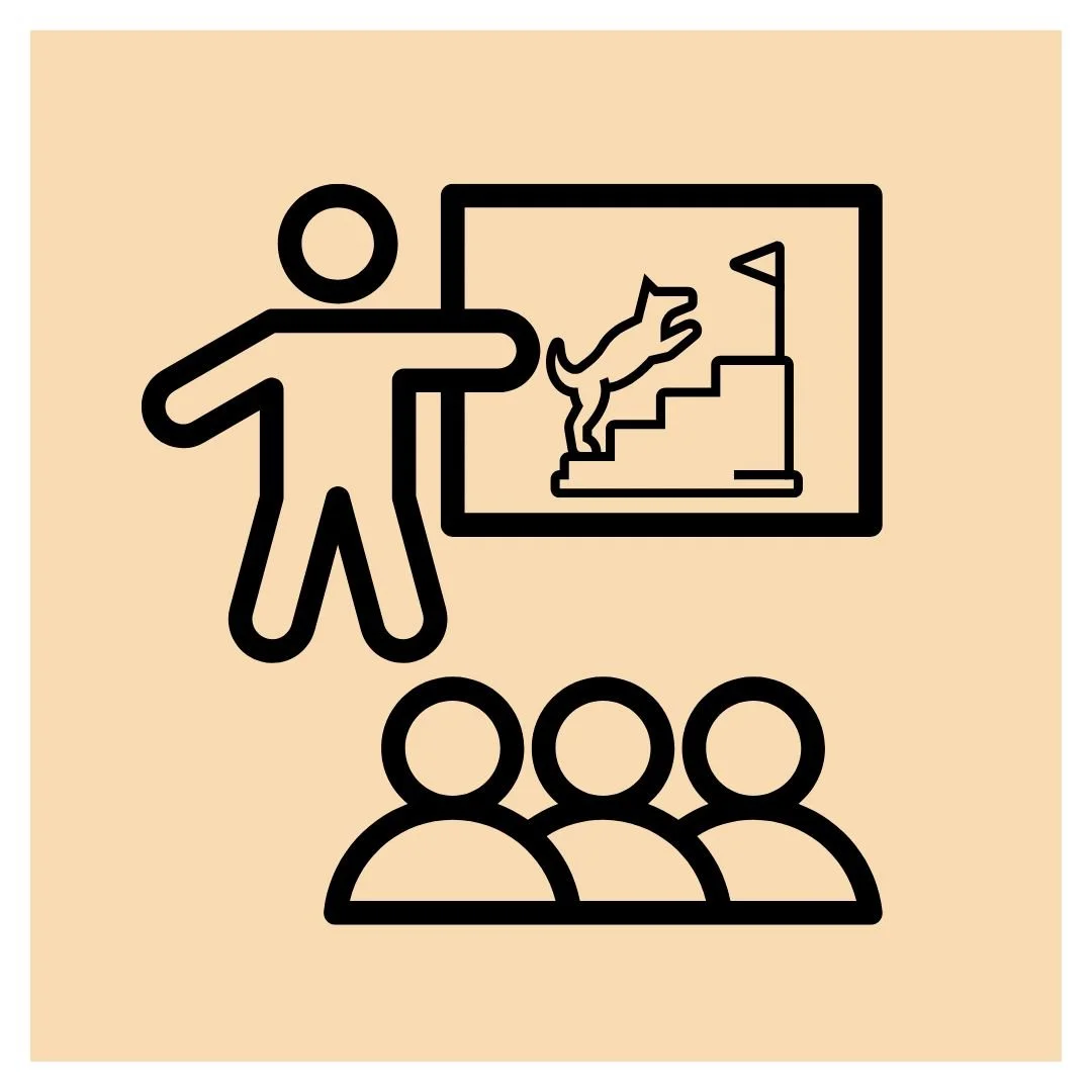 Line drawing of a person giving a presentation to an audience, with a picture in the background showing a dog climbing stairs towards a flag.