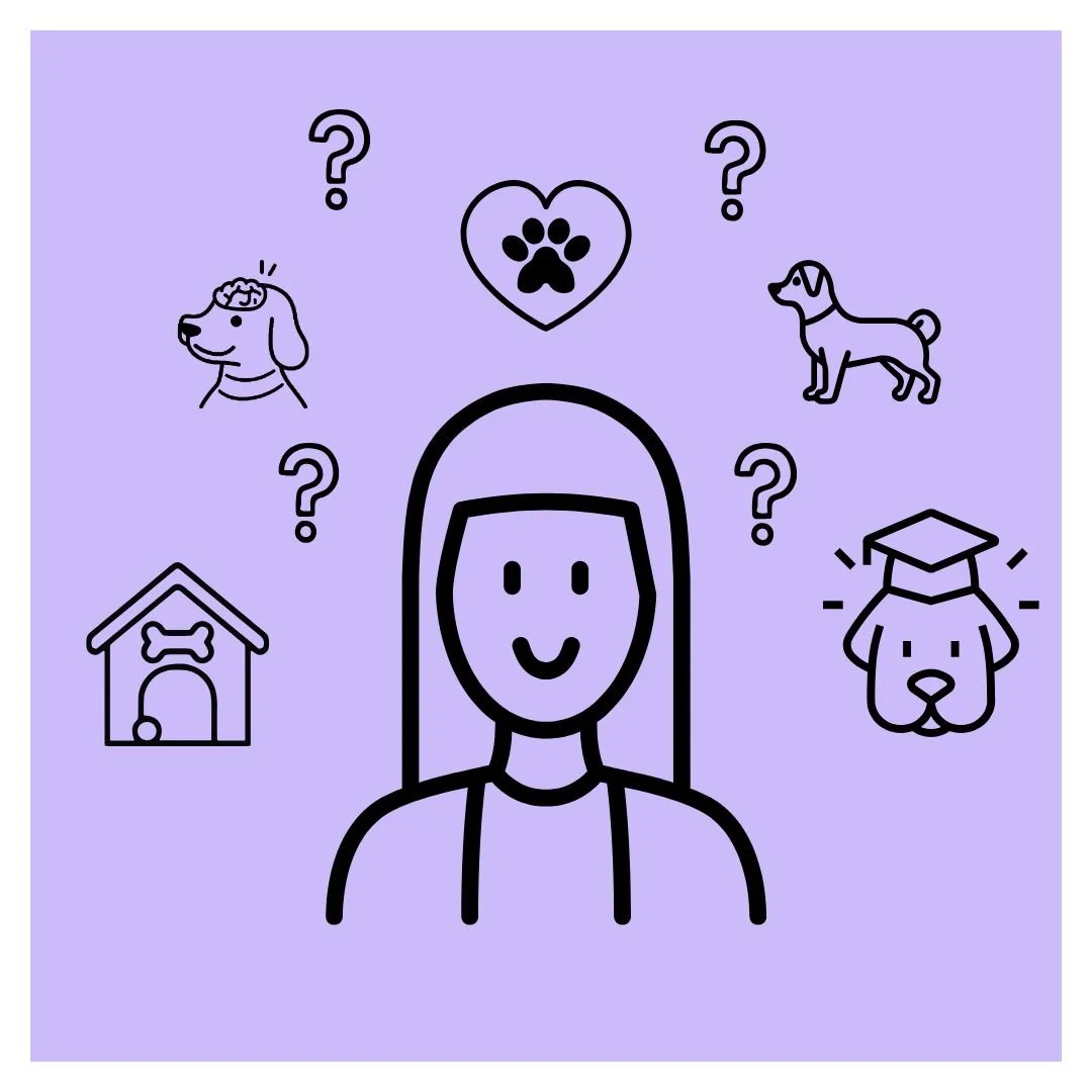 Illustration of a person with a smiling face, surrounded by various pet-related icons including a dog, a cat, a dog house, a heart with a paw print, and a dog wearing a graduation cap, all against a light purple background.