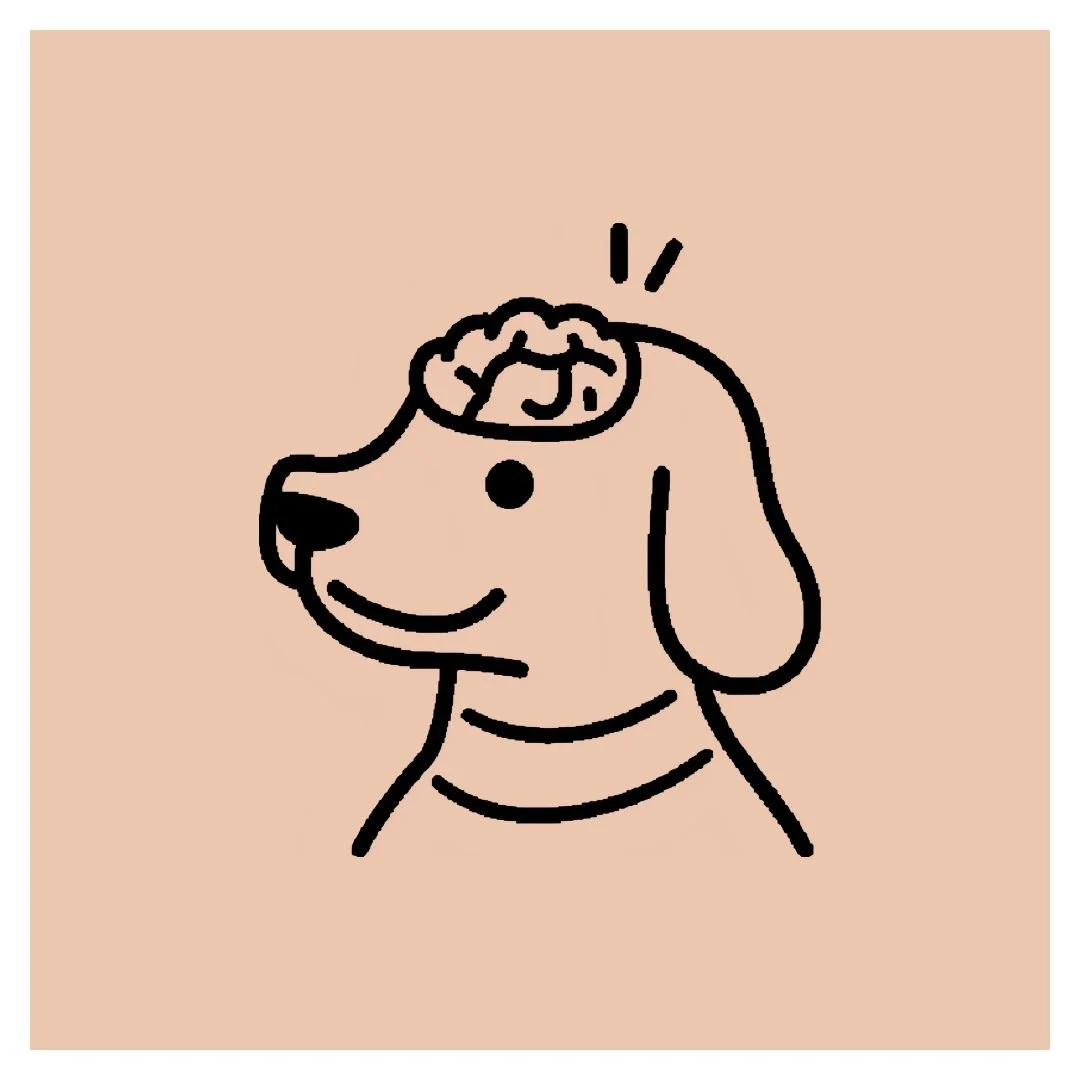Line drawing of a dog with a brain exposed at the top of its head, on a beige background.