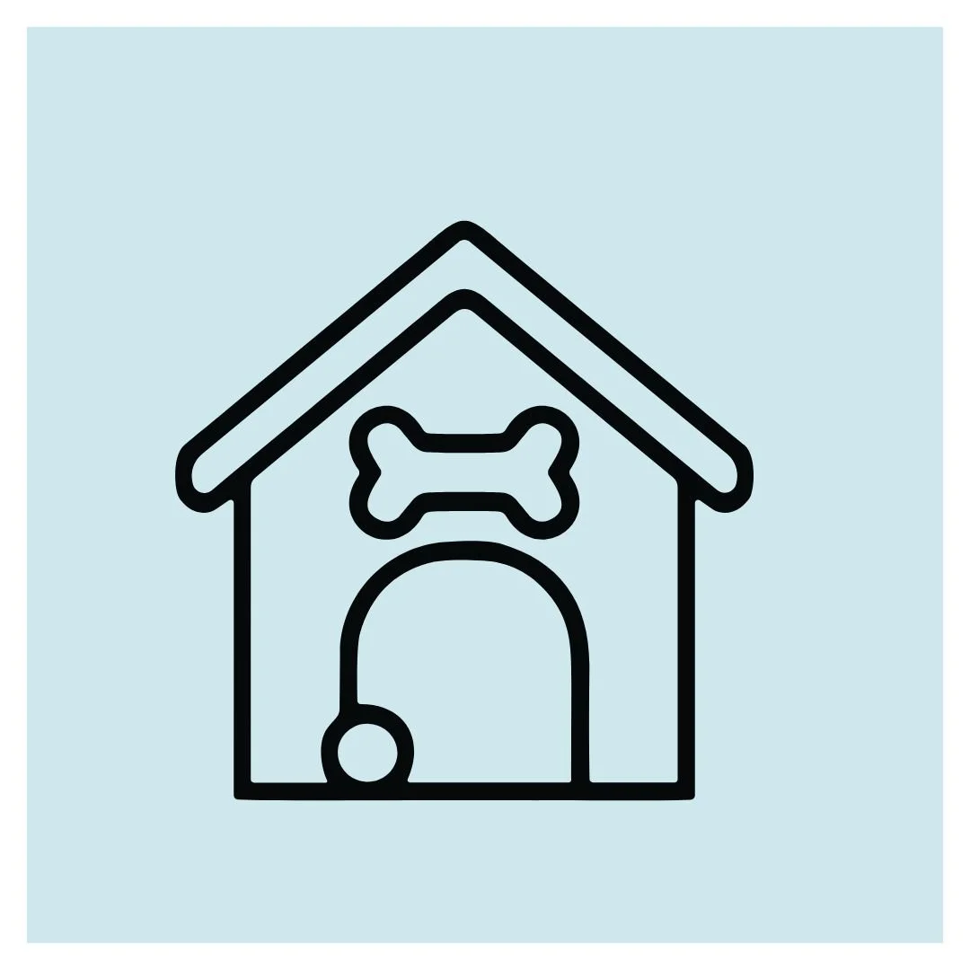 A line drawing of a doghouse with a bone above the entrance and a dog leash hanging on the side, on a light blue background.
