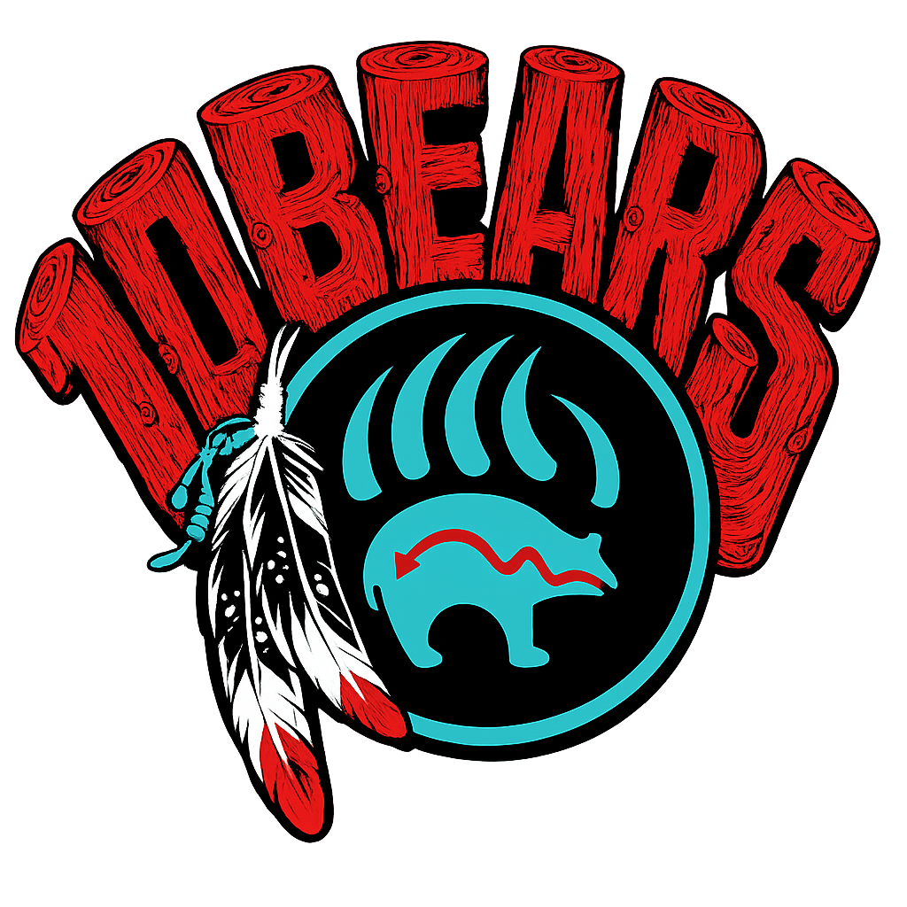 A logo featuring the word 'TOBERO' in red wooden letters arched over a circular design with Native American feathers, a bear paw, and claw marks in red and turquoise colors.