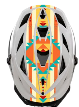 A bicycle helmet with a vibrant, colorful tribal-inspired geometric design on top, featuring orange, yellow, blue, and black patterns.