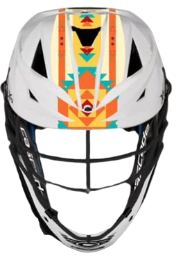 A white sports helmet with a colorful, geometric tribal design on the front.
