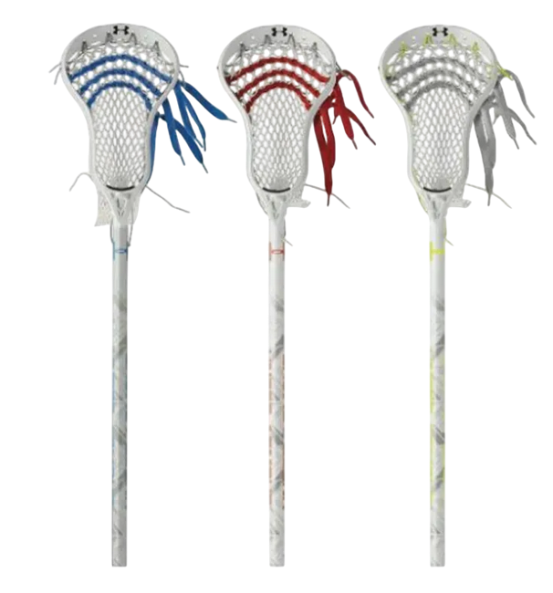 Three lacrosse sticks with colored strings and heads in blue, red, and yellow on a black background.