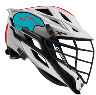 White sports helmet with a graphic of a head with a declining graph inside on the side.