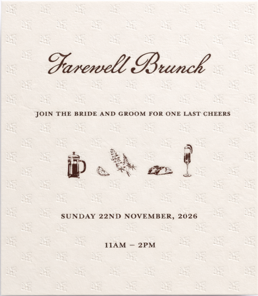 Custom illustrated event invitation as part of bespoke wedding invitation suite. Letterpress design with hand-drawn illustrated motifs. 