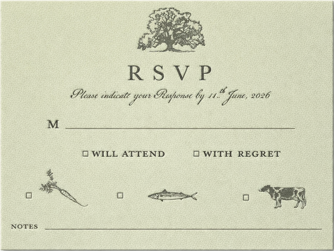 Custom letterpress illustrations RSVP card for bespoke wedding invitation suite. 