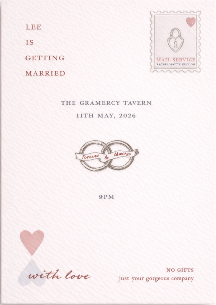 Custom Bachelorette invitation, featuring bespoke illustrations digitally printed combined with letterpress hearts and rings. 